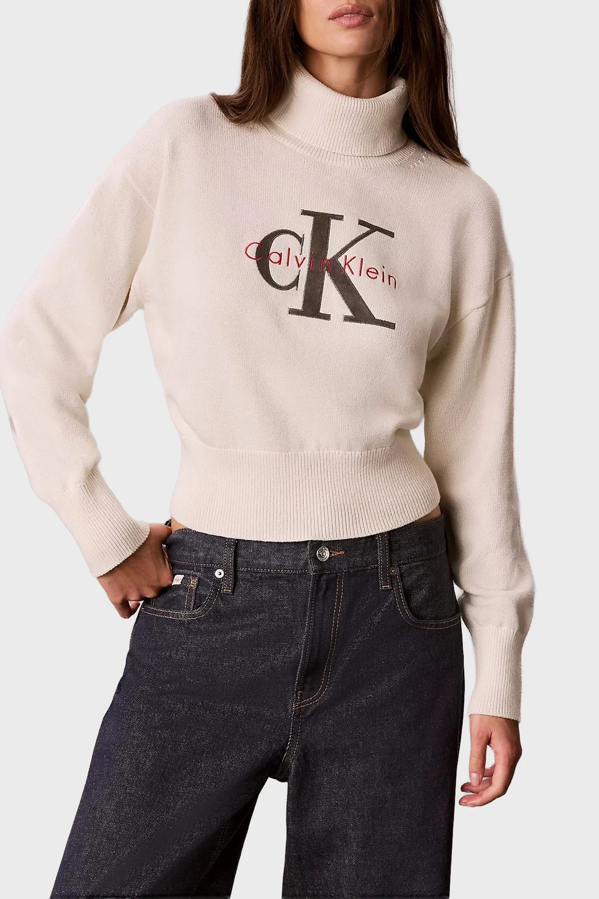 Calvin Klein Logolu % 100 Pamuk Balıkçı Yaka LV047H329GYAS Kadın Kazak LV047H329G YAS Krem - 1
