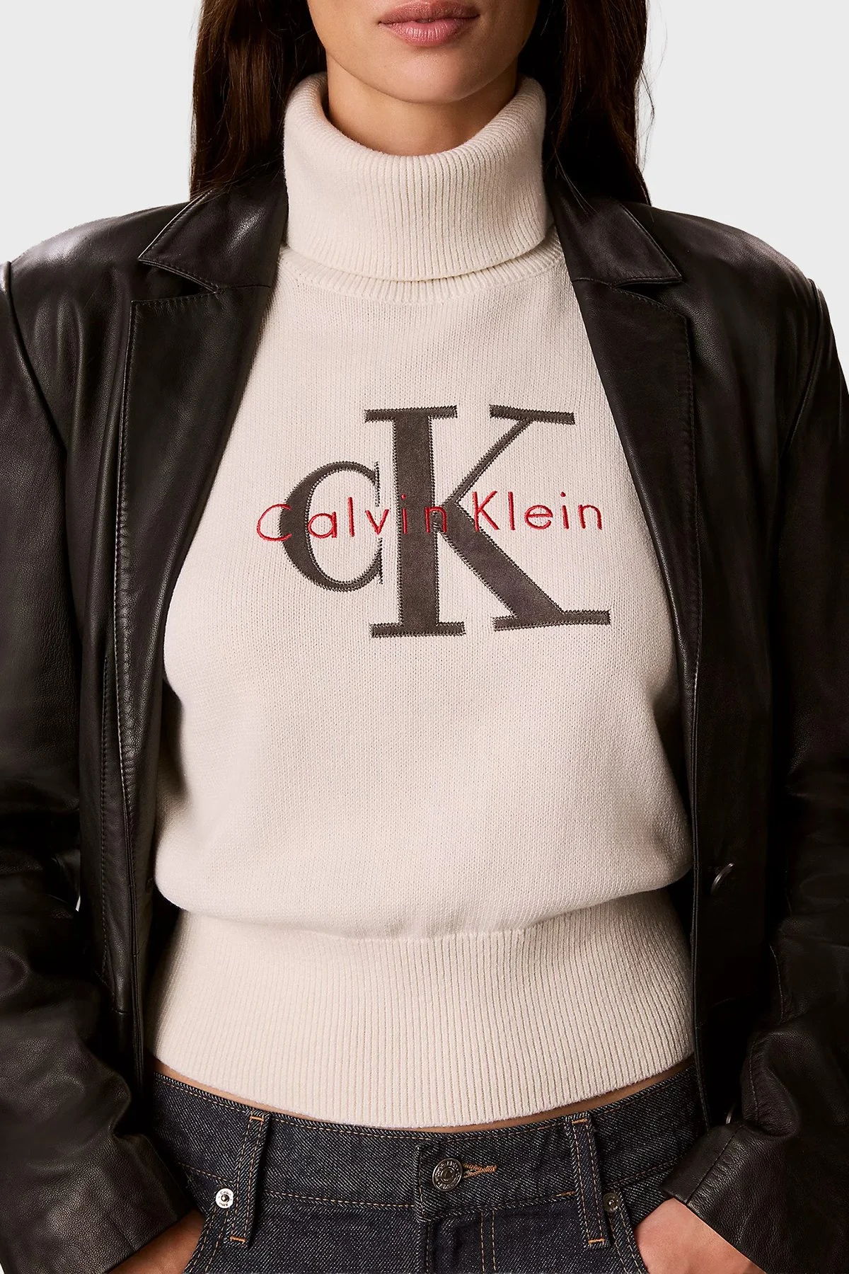 Calvin Klein Logolu % 100 Pamuk Balıkçı Yaka LV047H329GYAS Kadın Kazak LV047H329G YAS Krem - 3