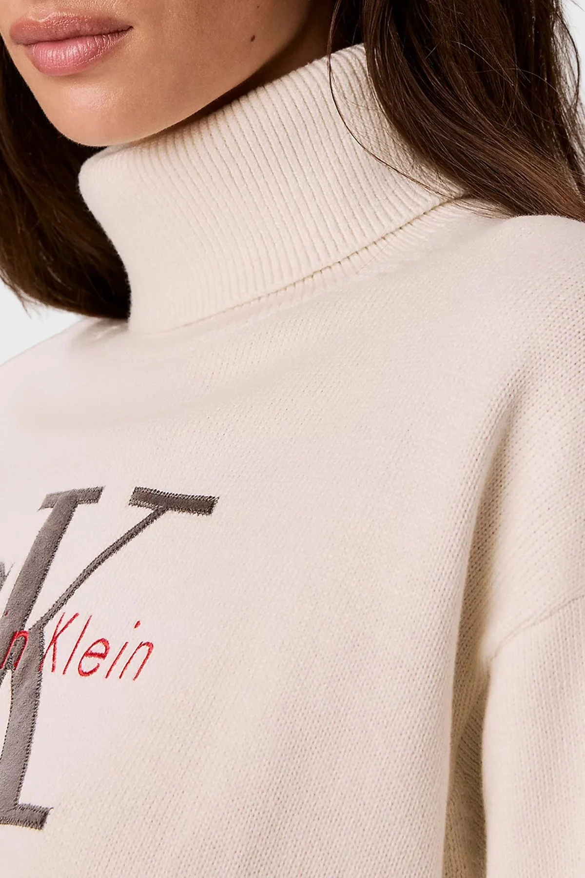 Calvin Klein Logolu % 100 Pamuk Balıkçı Yaka LV047H329GYAS Kadın Kazak LV047H329G YAS Krem - 6