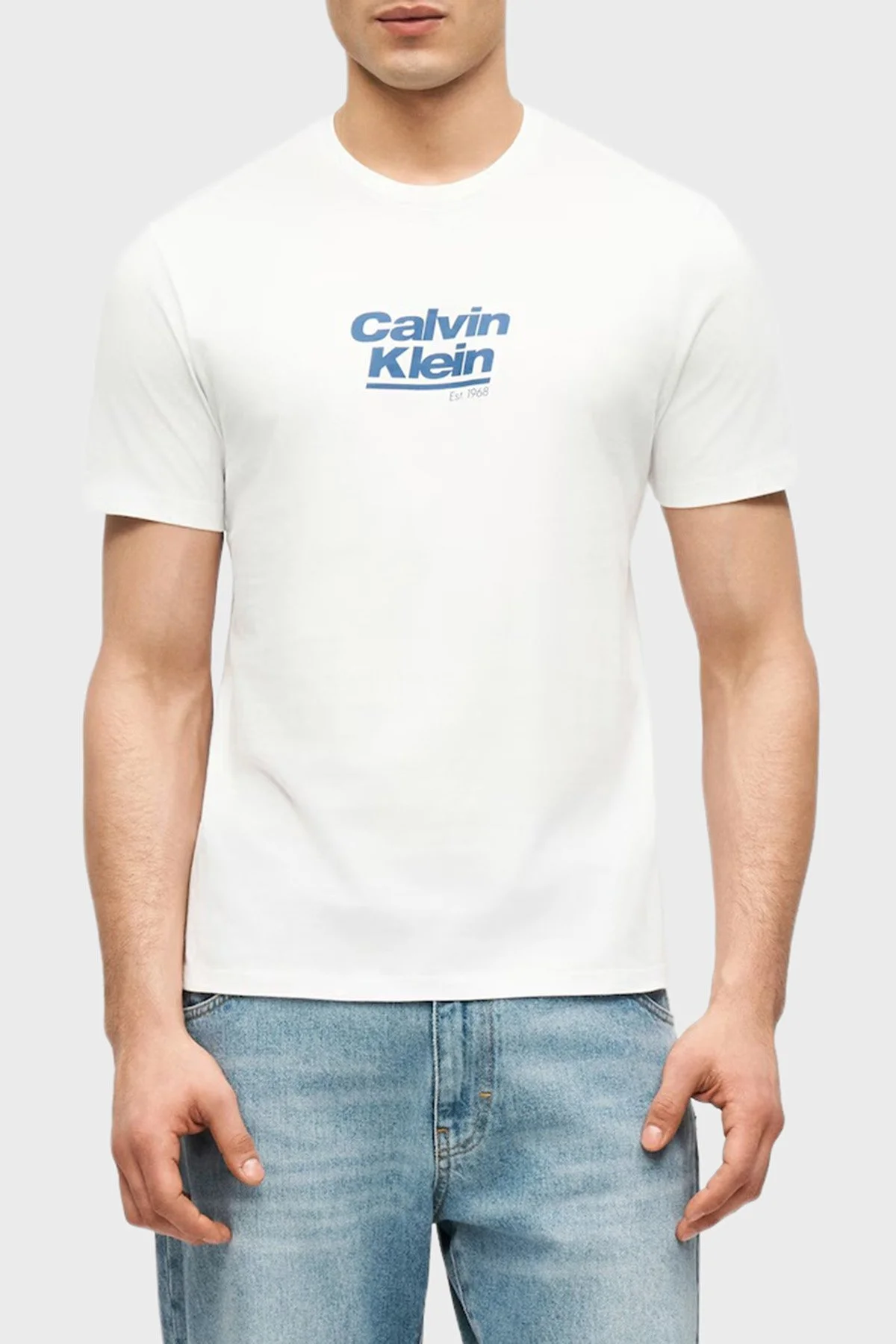 Calvin Klein Logolu % 100 Pamuk Bisiklet Yaka LV14RF803GYAF Erkek T Shirt LV14RF803G YAF BEYAZ - 1