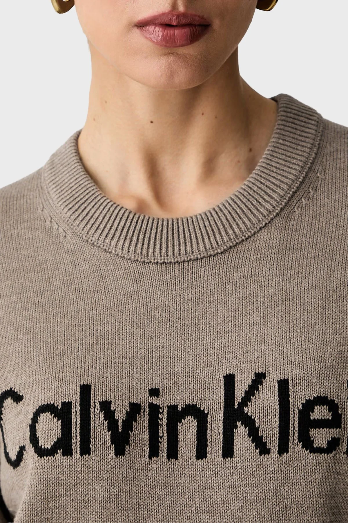 Calvin Klein Logolu % 100 Pamuk Bisiklet Yaka Örme LV044G313GTS7 Kadın Kazak LV044G313G TS7 Kahve - 4
