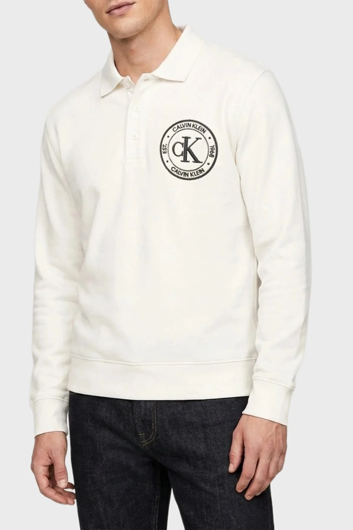 Calvin Klein Logolu % 100 Pamuk Düğmeli LV04RH236GYAS Erkek Polo Yaka Sweat LV04RH236G YAS Krem - 1