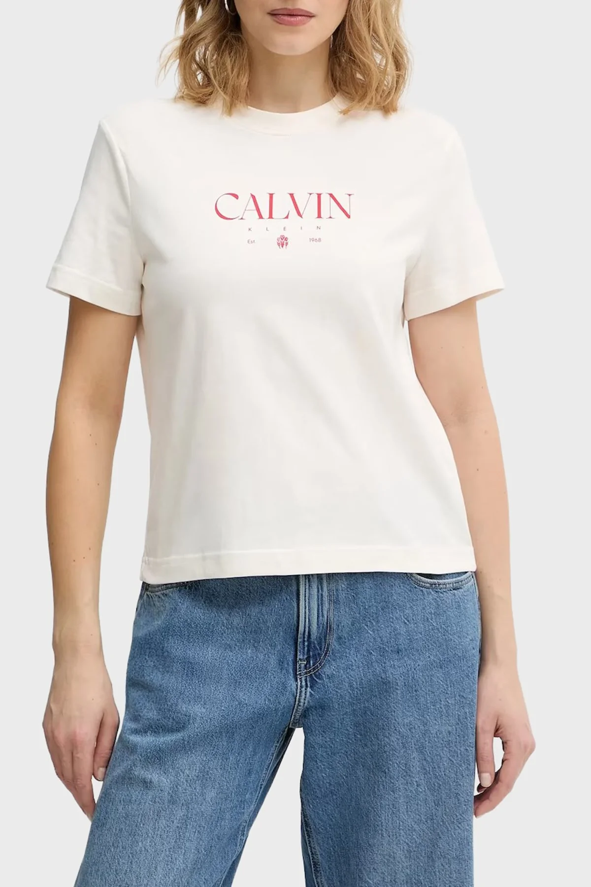 Calvin Klein Logolu % 100 Pamuk Slim Fit Bisiklet Yaka LV047E813GYBH Bayan T Shirt LV047E813G YBH KREM - 1