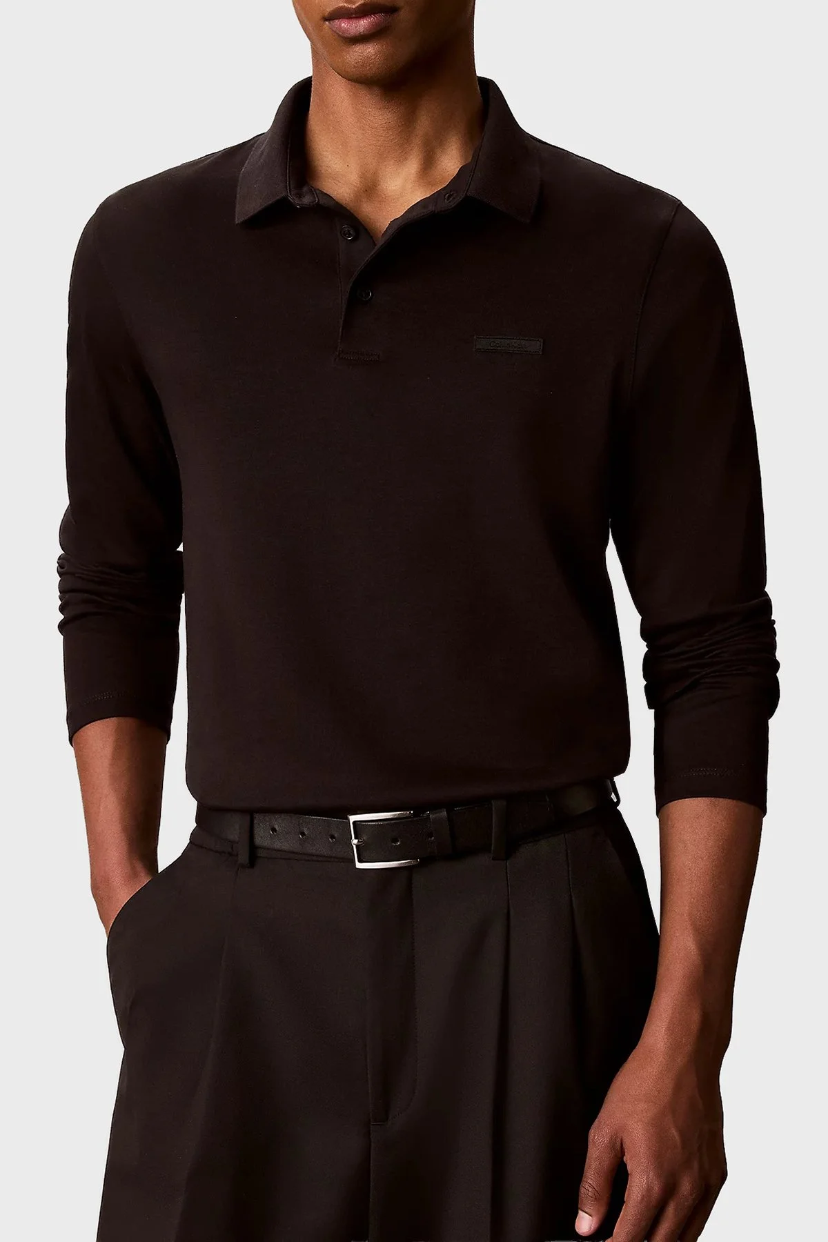 Calvin Klein Logolu % 100 Pamuk Uzun Kollu Düğmeli Erkek Polo LV04LH240G UB1 Siyah - 1