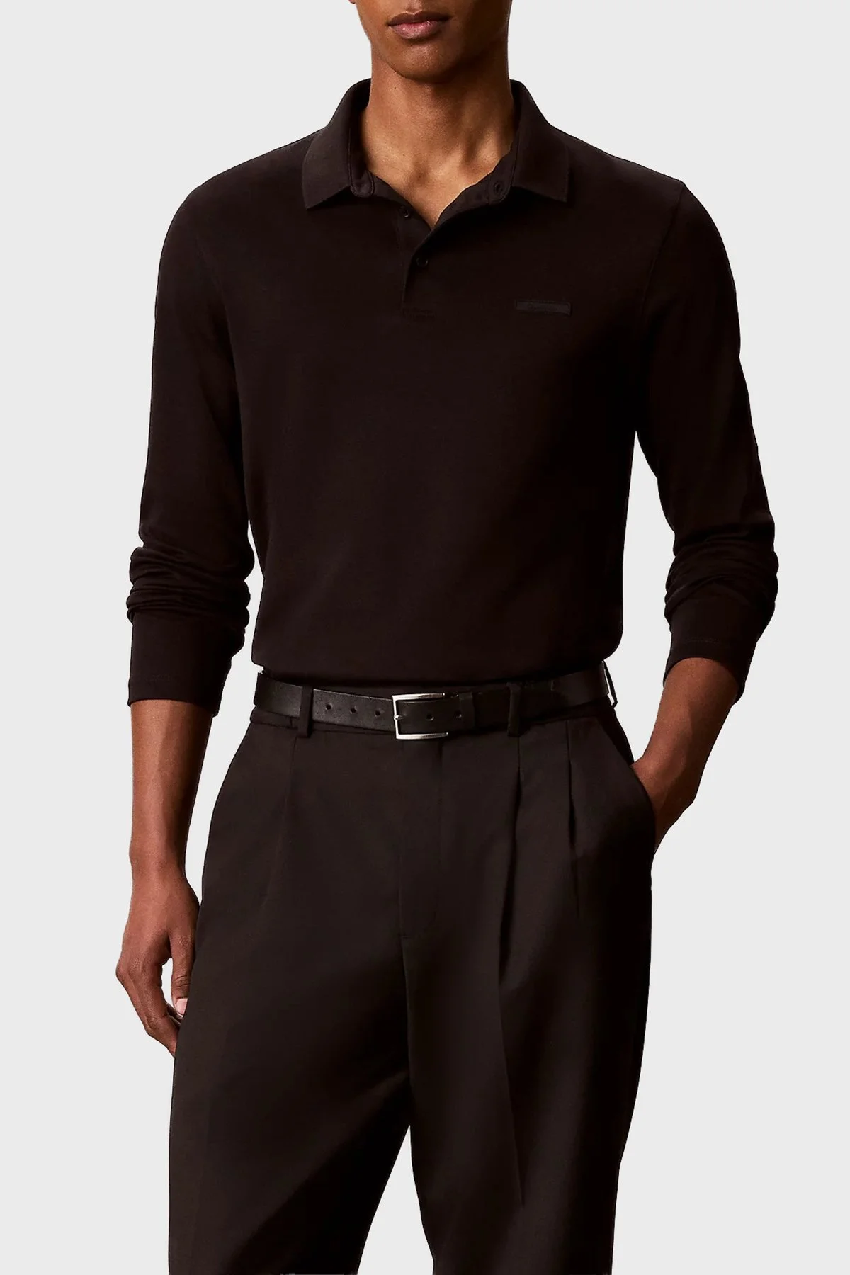 Calvin Klein Logolu % 100 Pamuk Uzun Kollu Düğmeli Erkek Polo LV04LH240G UB1 Siyah - 2