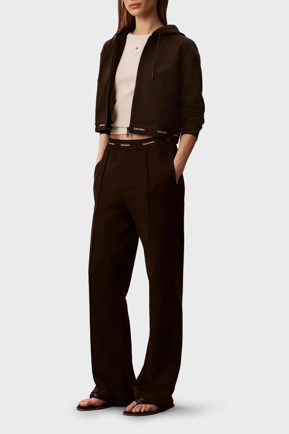 Calvin Klein Logolu Bel Detaylı Geniş Paça LV047G253GTO2 Kadın Pantolon LV047G253G TO2 KAHVE - 4