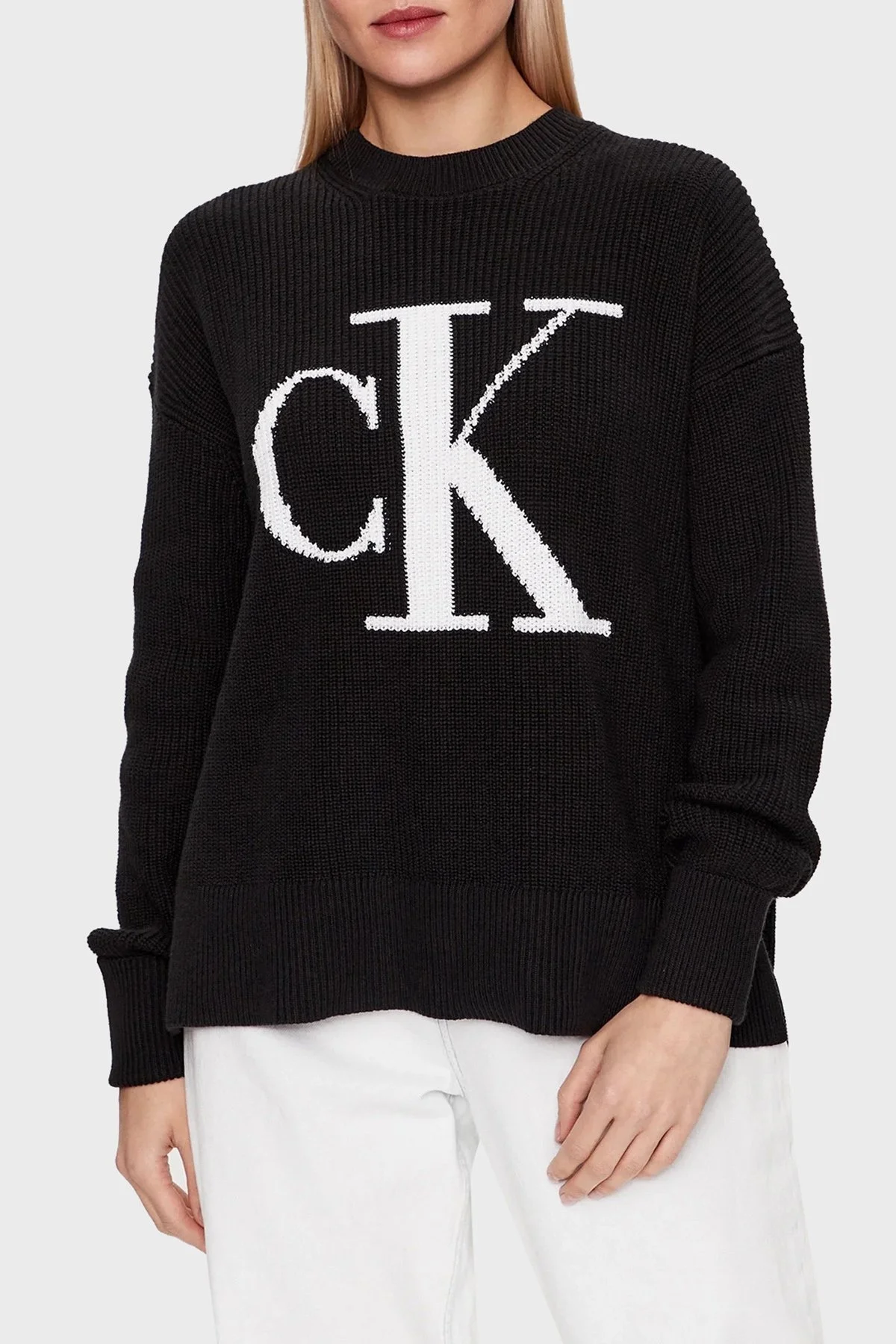 Calvin Klein Logolu Bisiklet Yaka % 100 Pamuk Regular Fit J20J221347BEH Bayan Kazak J20J221347 BEH SİYAH - 1