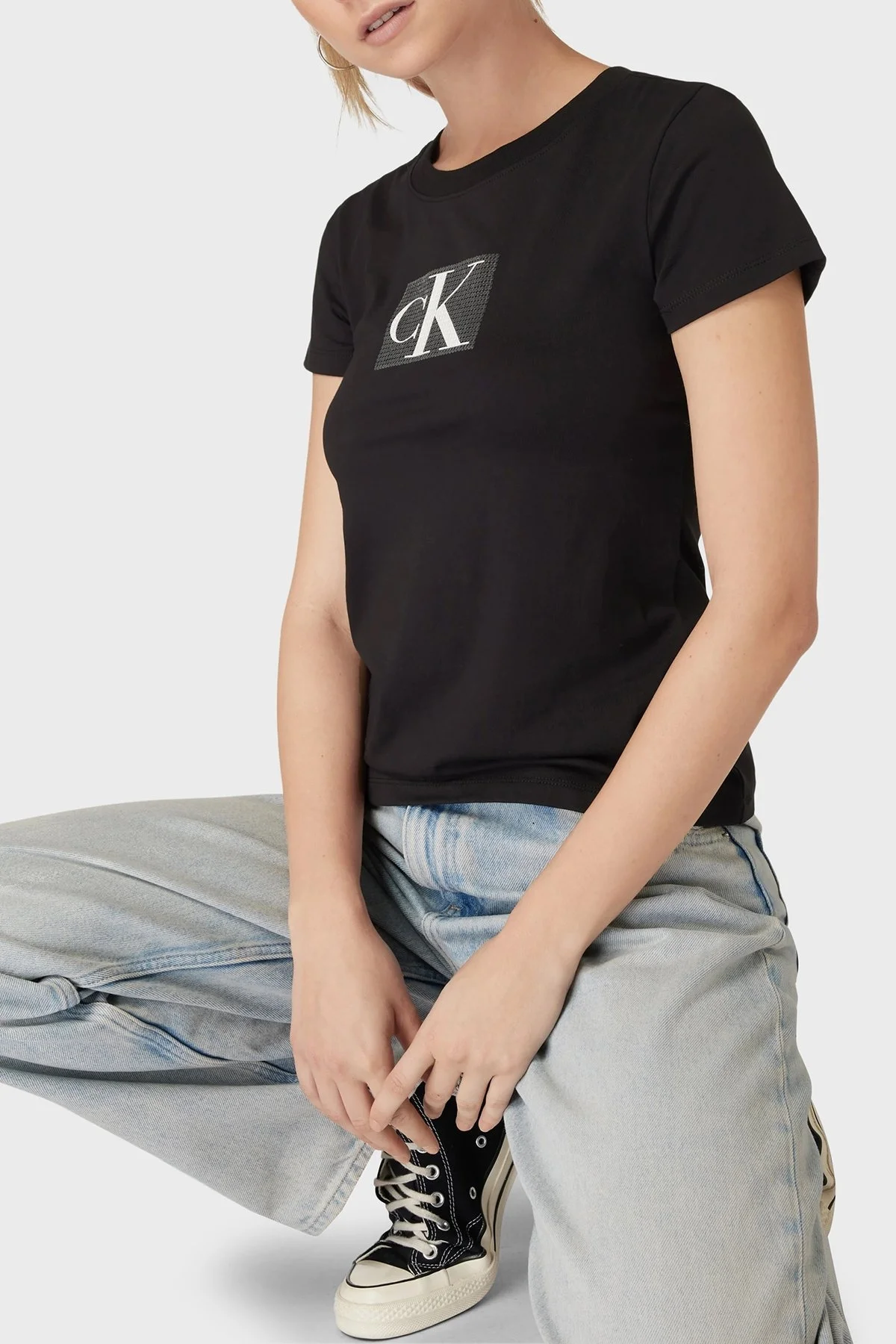 Calvin Klein Logolu Bisiklet Yaka % 100 Pamuk Slim Fit J20J222961BEH Bayan T Shirt J20J222961 BEH SİYAH - 3