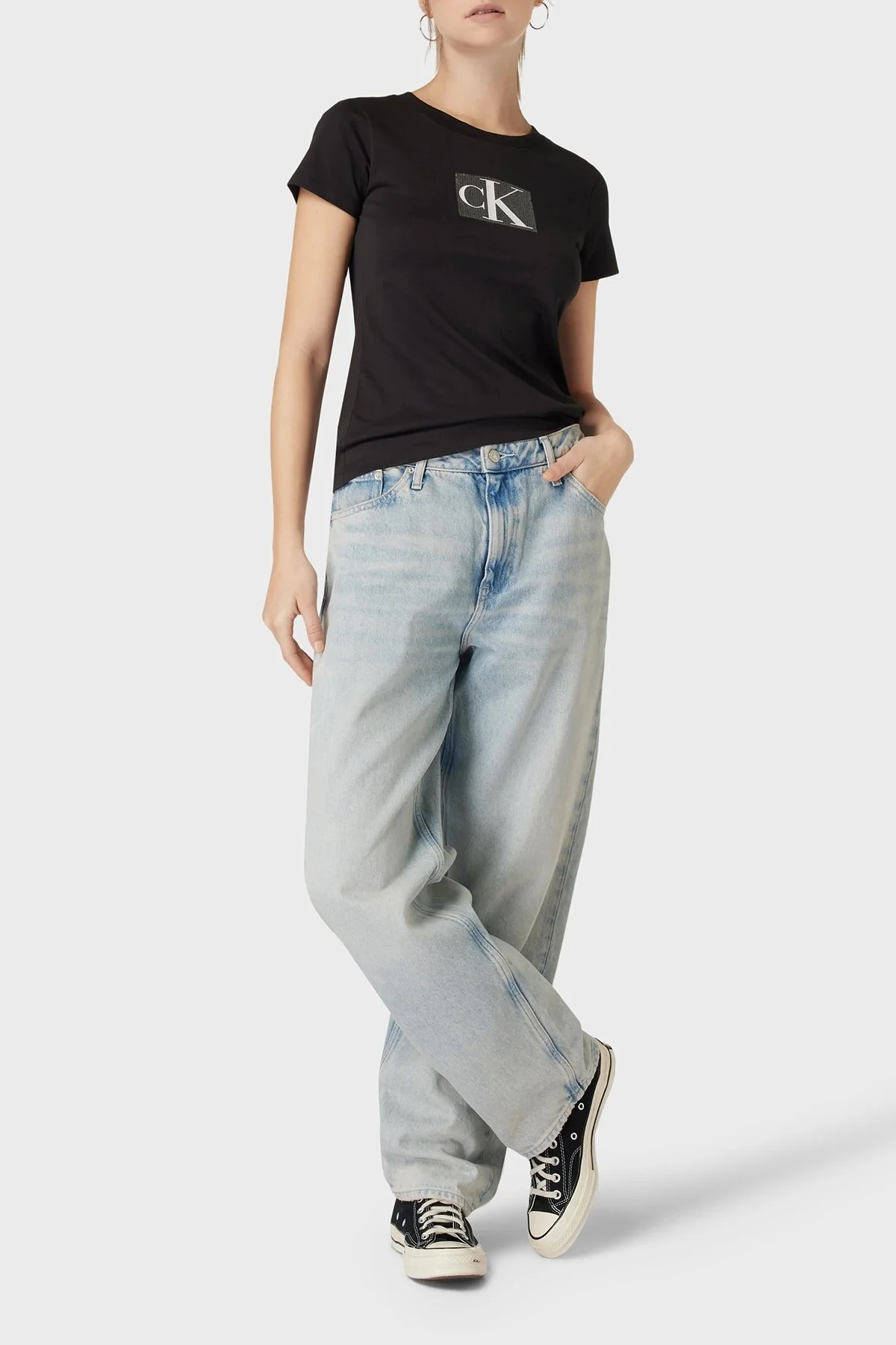 Calvin Klein Logolu Bisiklet Yaka % 100 Pamuk Slim Fit J20J222961BEH Bayan T Shirt J20J222961 BEH SİYAH - 4