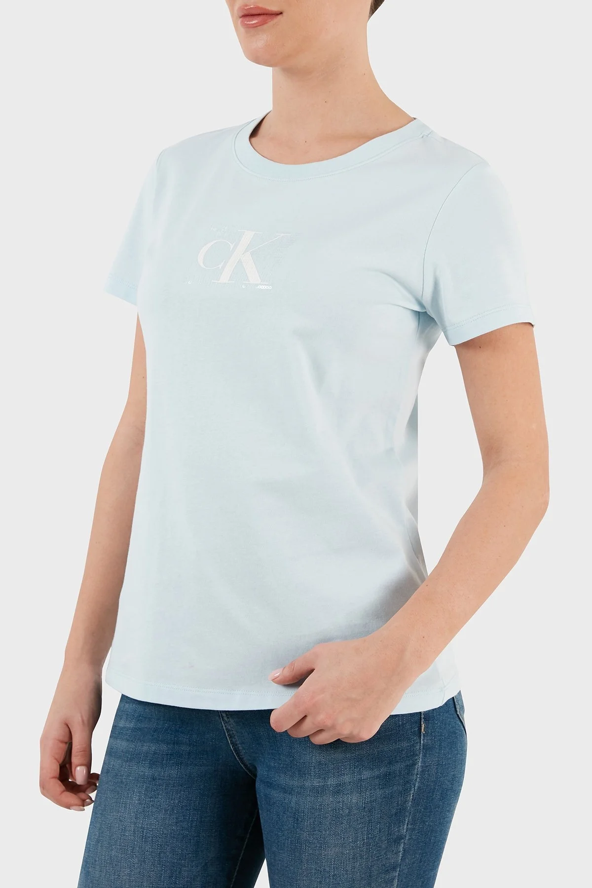 Calvin Klein Logolu Bisiklet Yaka % 100 Pamuk Slim Fit J20J222961CYR Bayan T Shirt J20J222961 CYR AÇIK MAVİ - 3