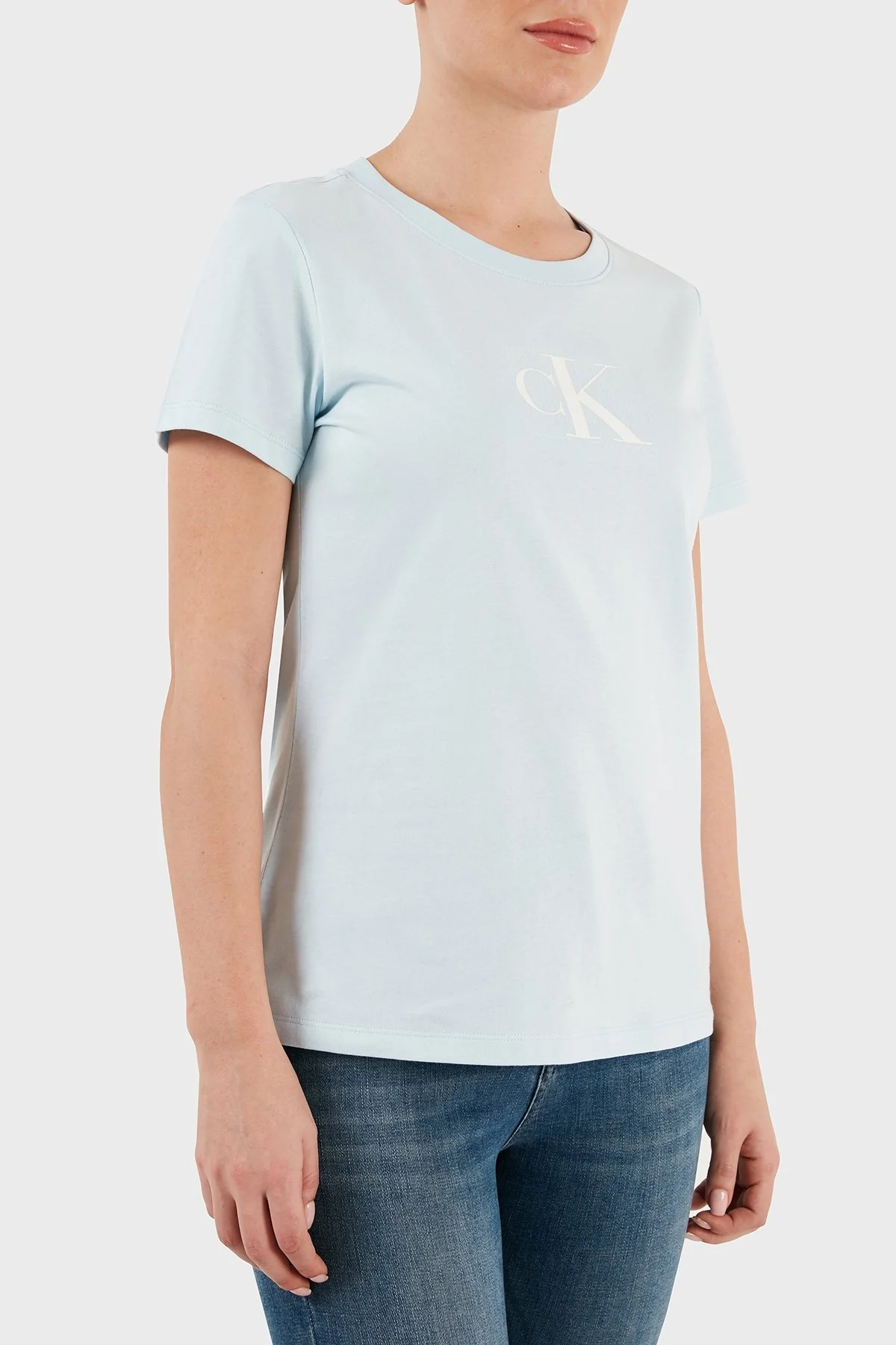 Calvin Klein Logolu Bisiklet Yaka % 100 Pamuk Slim Fit J20J222961CYR Bayan T Shirt J20J222961 CYR AÇIK MAVİ - 4