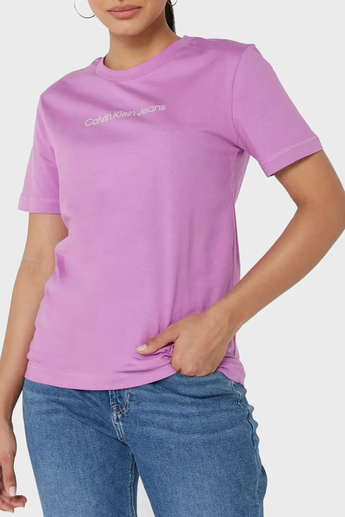 Calvin Klein Logolu Bisiklet Yaka Pamuklu Regular Fit Bayan T Shirt J20J220284 VDR FUŞYA - 1