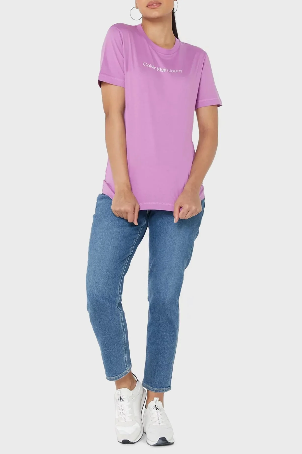 Calvin Klein Logolu Bisiklet Yaka Pamuklu Regular Fit Bayan T Shirt J20J220284 VDR FUŞYA - 4