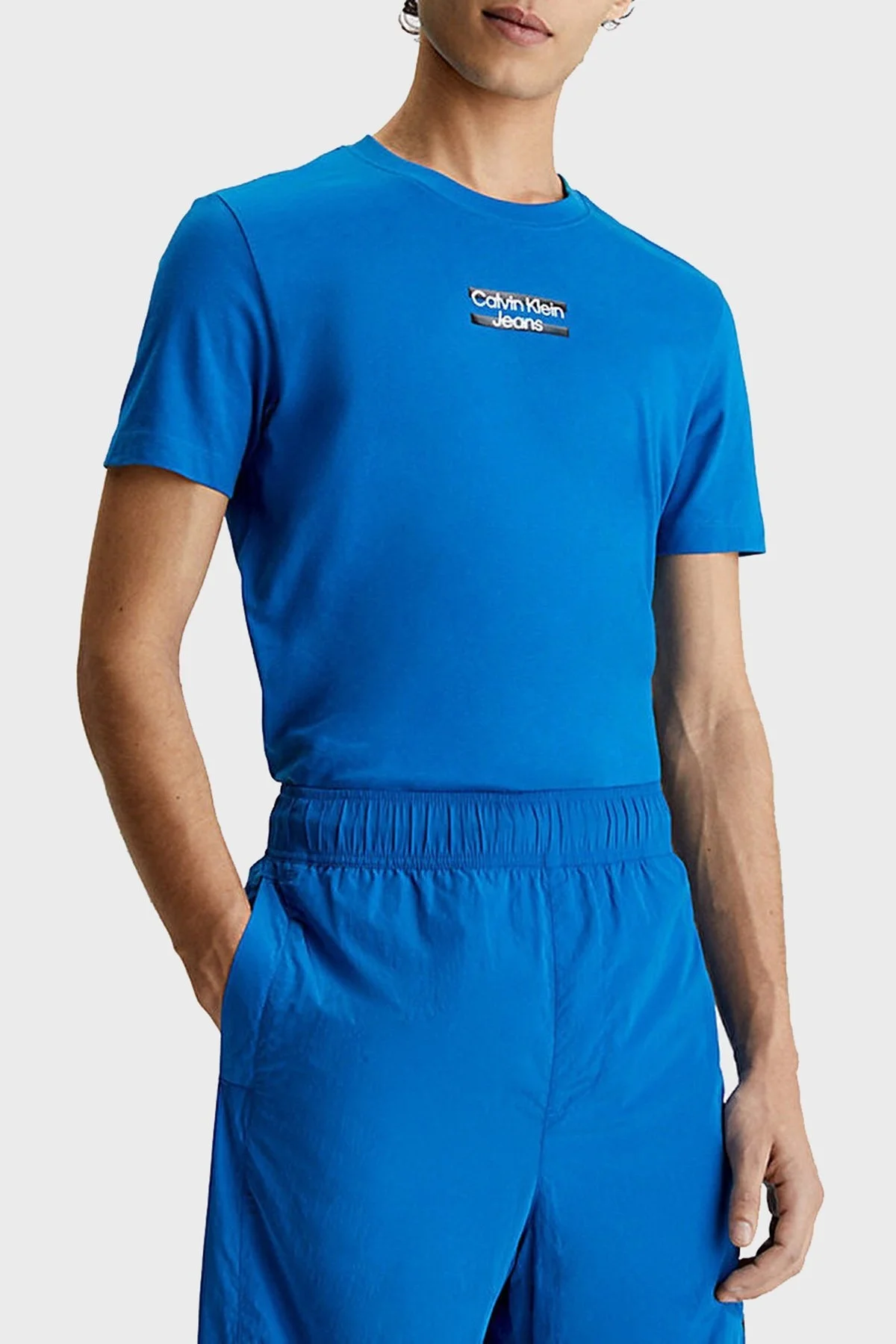 Calvin Klein Logolu Bisiklet Yaka Slim Fit Pamuklu Jarse J30J322872C3B Erkek T Shirt J30J322872 C3B MAVİ - 1