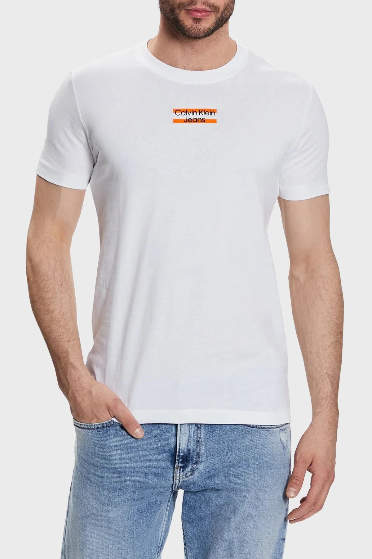 Calvin Klein Logolu Bisiklet Yaka Slim Fit Pamuklu Jarse J30J322872YAF Erkek T Shirt J30J322872 YAF BEYAZ - 1
