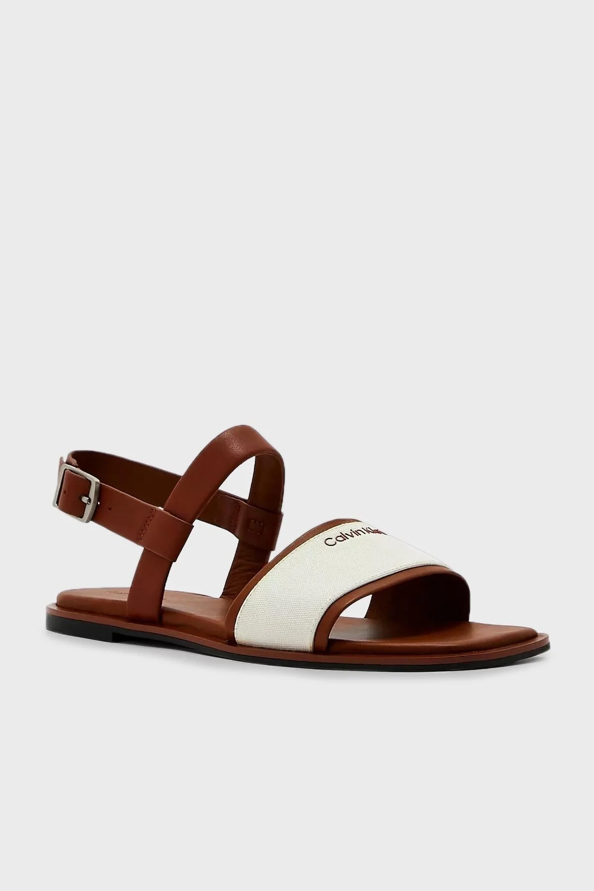 Calvin Klein Logolu Deri HW0HW014930HG Bayan Sandalet HW0HW01493 0HG KAHVE-BEYAZ - 2