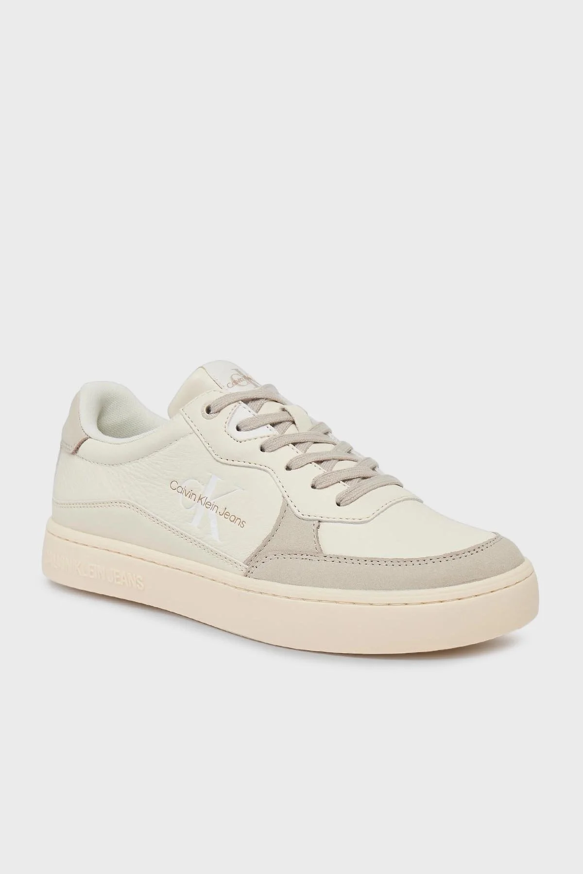 Calvin Klein Logolu Deri Sneaker YM0YM008850GF Erkek Ayakkabı YM0YM00885 0GF Krem-Bej - 4