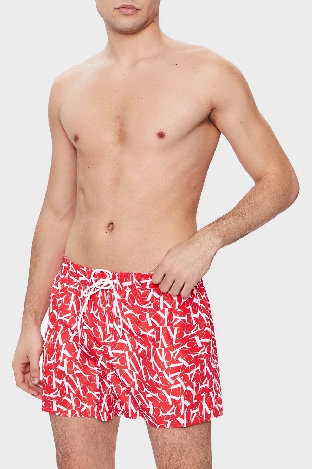 Calvin Klein Logolu Desenli Deniz Şortu Belden Bağlamalı Cepli KM0KM008020GM Erkek Mayo Short KM0KM00802 0GM KIRMIZI - 1