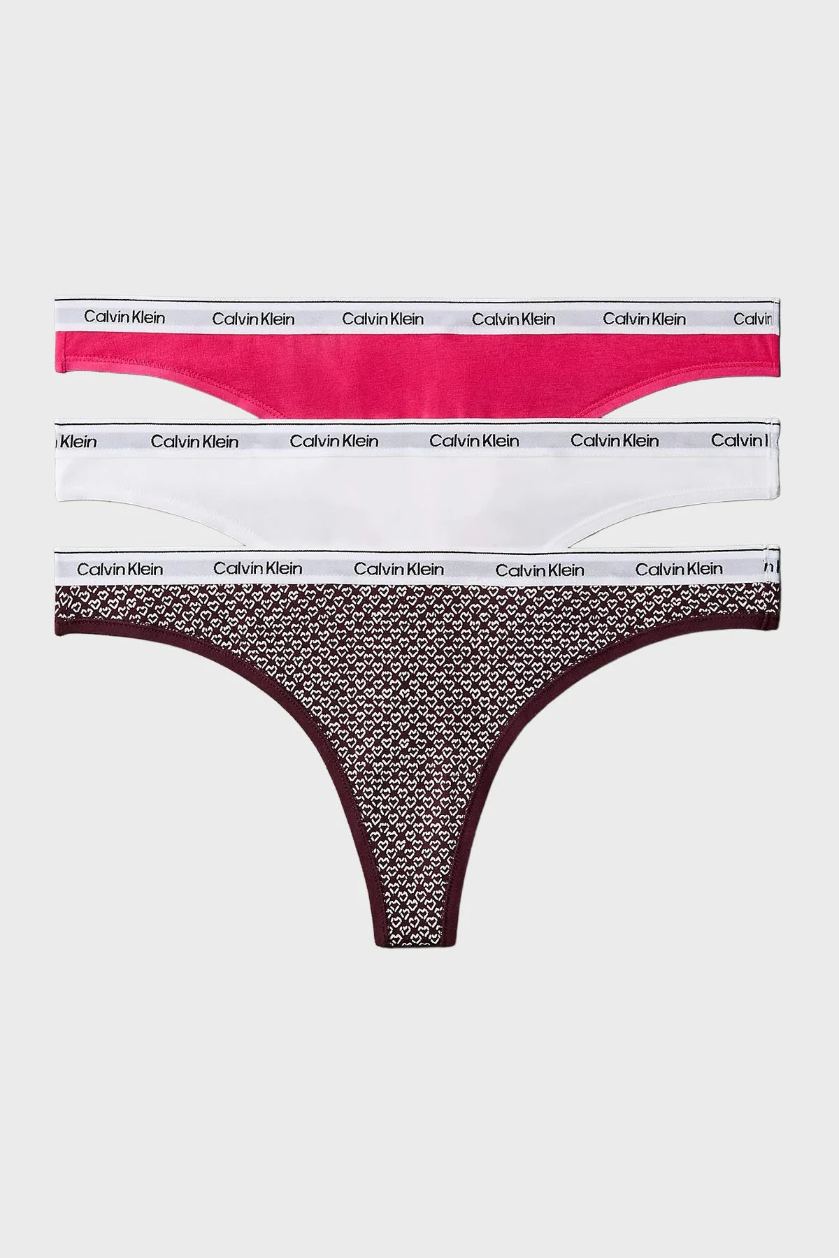 Calvin Klein Logolu Elastik Bel Bantlı Pamuklu Tanga 3 Lü 000QD5209E320 Bayan Külot 000QD5209E 320 Fuşya-Kahve-Beyaz - 1