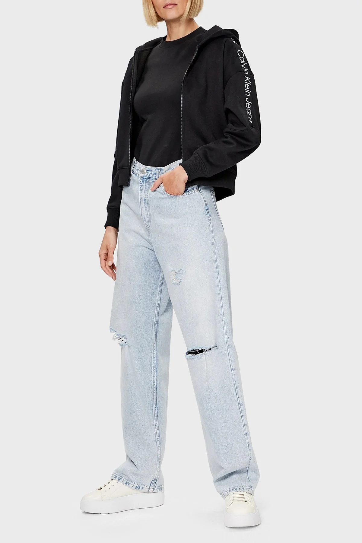 Calvin Klein logolu Fermuarlı Kapüşonlu Oversize J20J221328BEH Bayan Sweat J20J221328 BEH SİYAH - 3