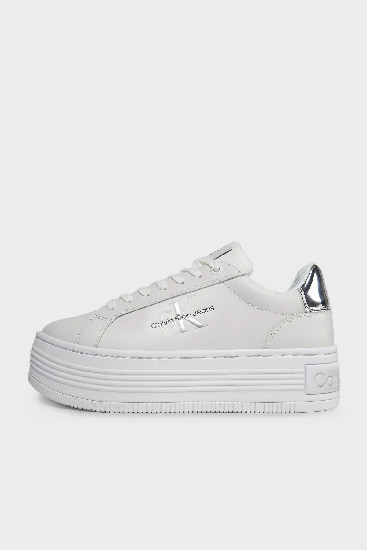 Calvin Klein Logolu Hakiki Deri Platform Topuk Sneaker YW0YW0145701V Bayan Ayakkabı YW0YW01457 01V BEYAZ-GÜMÜŞ - 14