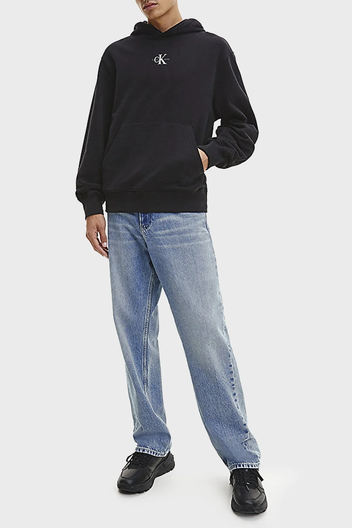 Calvin Klein Logolu Kapüşonlu Kanguru Cepli % 100 Pamuk J30J322535BEH Erkek Sweat J30J322535 BEH SİYAH - 3