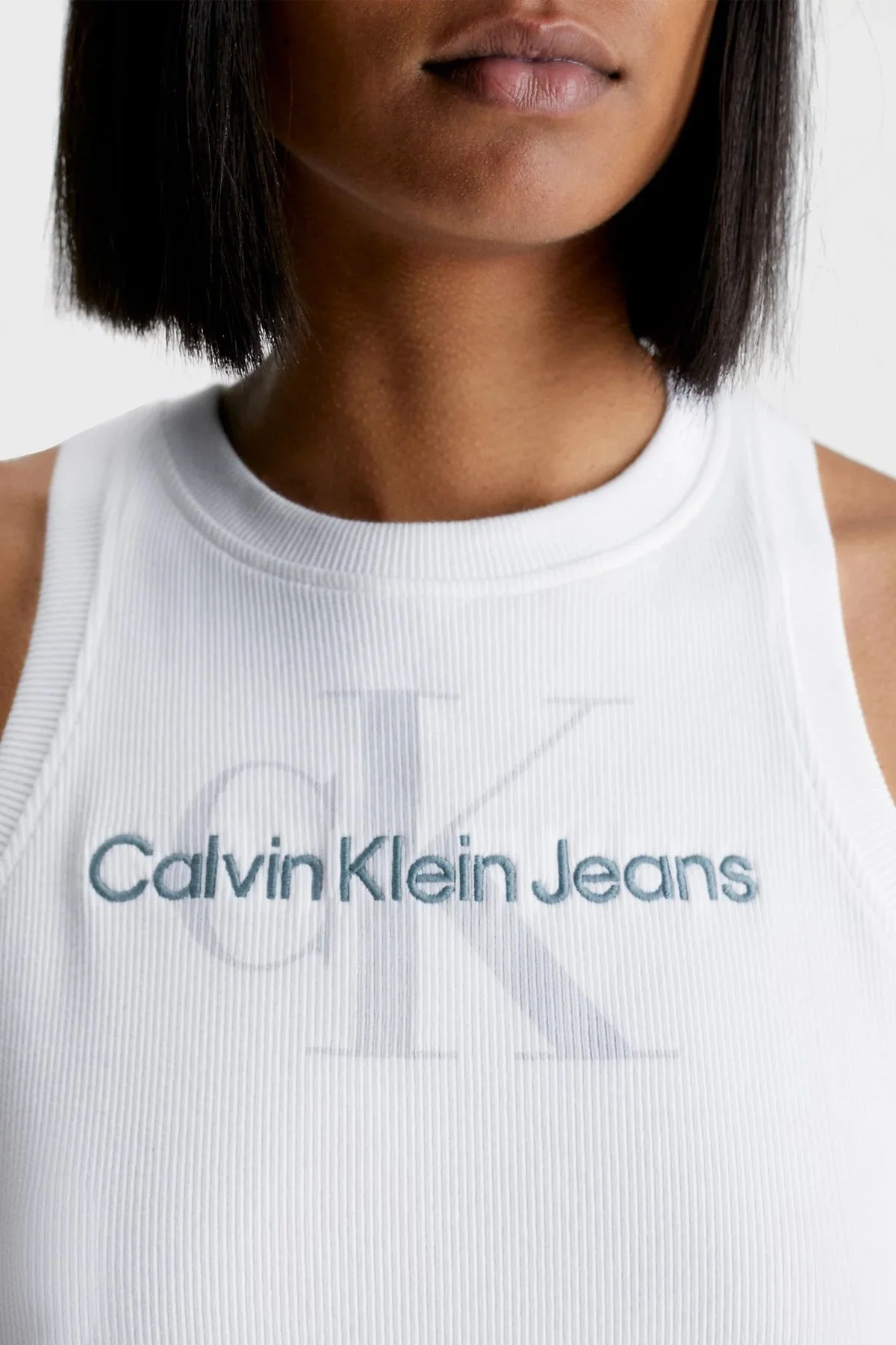 Calvin Klein Logolu Kolsuz Halter Yaka Dar Kesim Pamuklu Streç Bayan Elbise J20J220754 YAF BEYAZ - 3