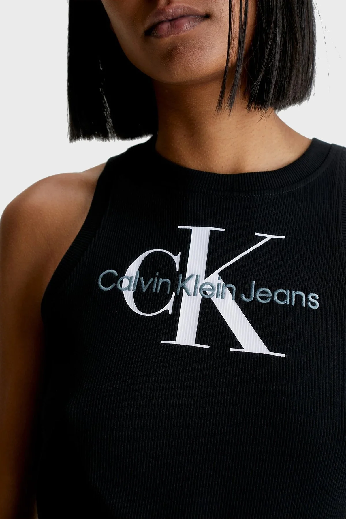 Calvin Klein Logolu Kolsuz Halter Yaka Dar Kesim Pamuklu Streç J20J220754BEH Bayan Elbise J20J220754 BEH SİYAH - 3