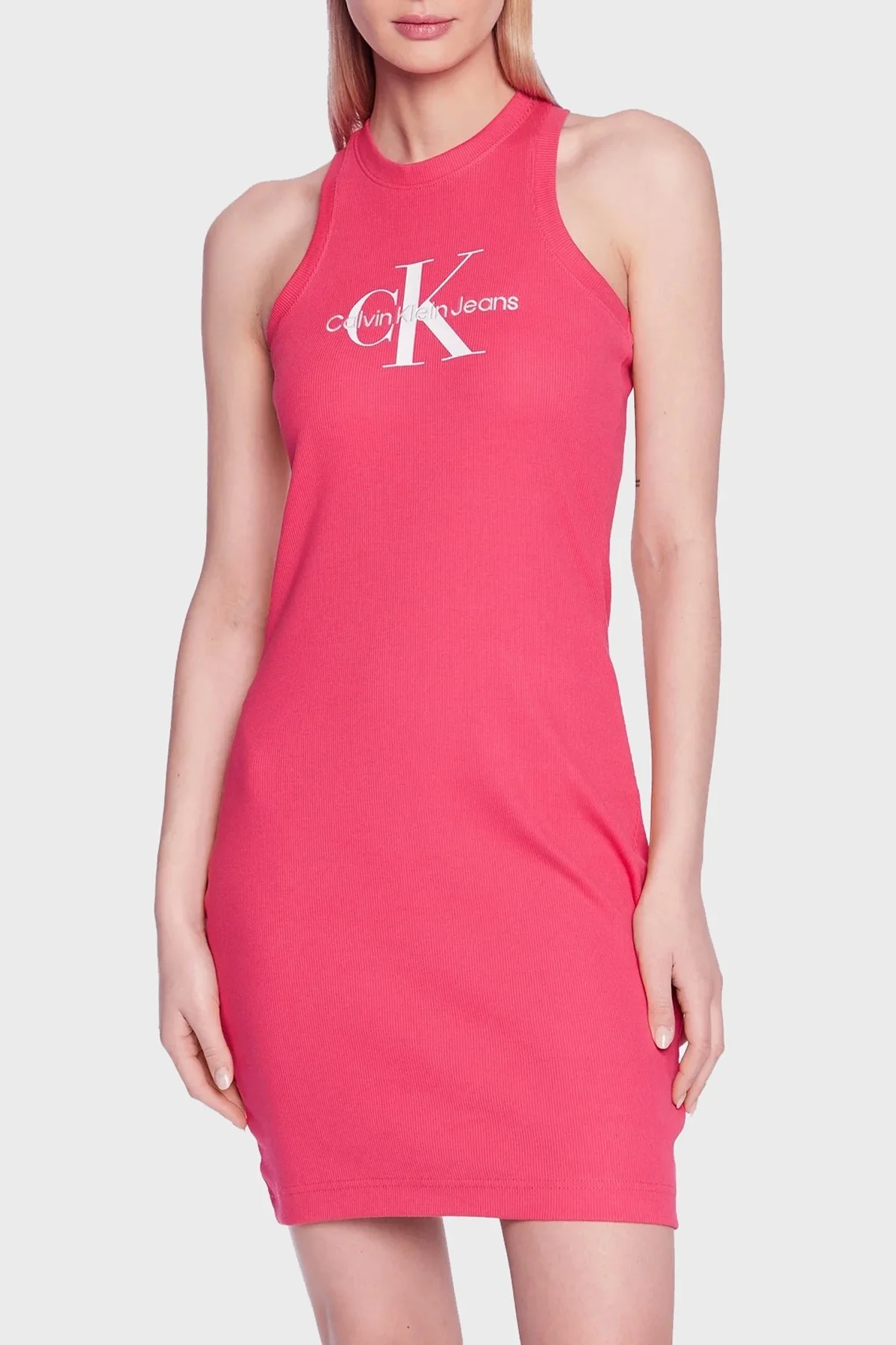 Calvin Klein Logolu Kolsuz Halter Yaka Dar Kesim Pamuklu Streç J20J220754XI1 Bayan Elbise J20J220754 XI1 PEMBE - 1
