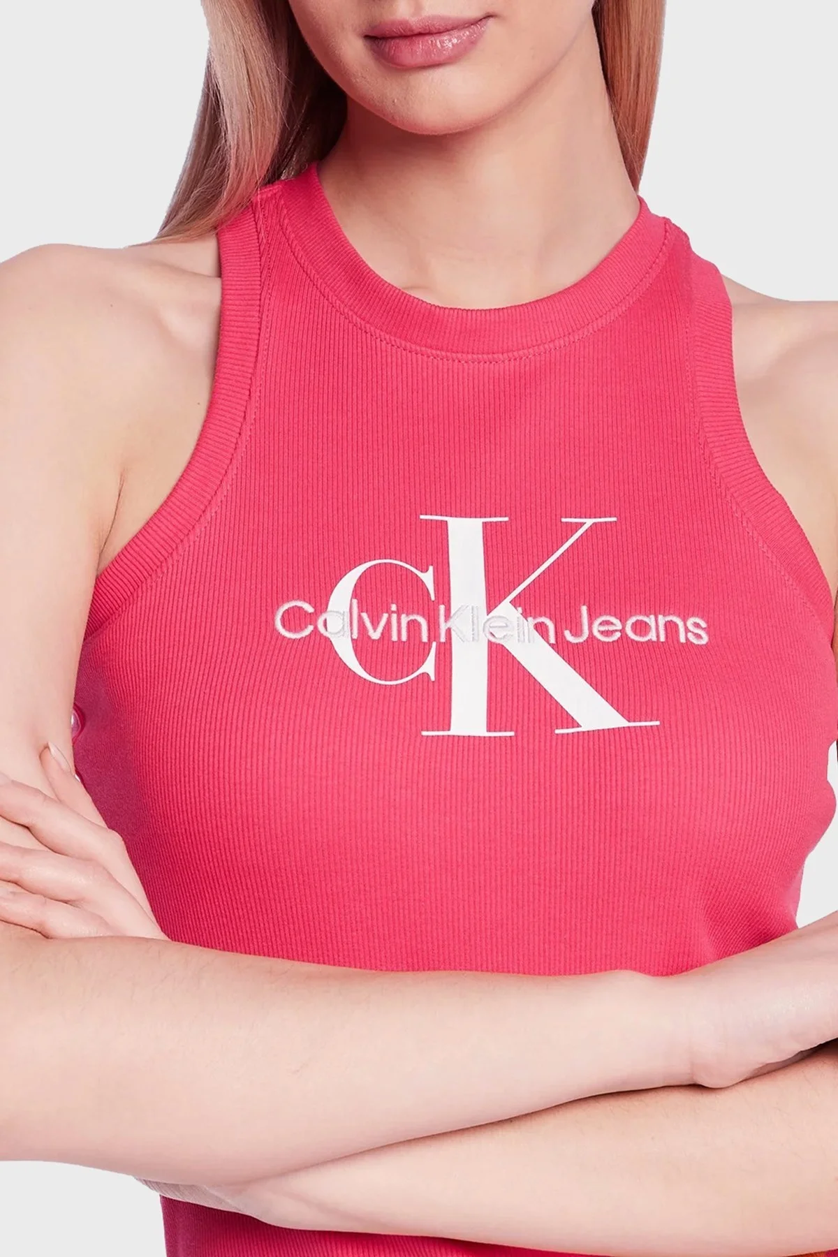 Calvin Klein Logolu Kolsuz Halter Yaka Dar Kesim Pamuklu Streç J20J220754XI1 Bayan Elbise J20J220754 XI1 PEMBE - 4