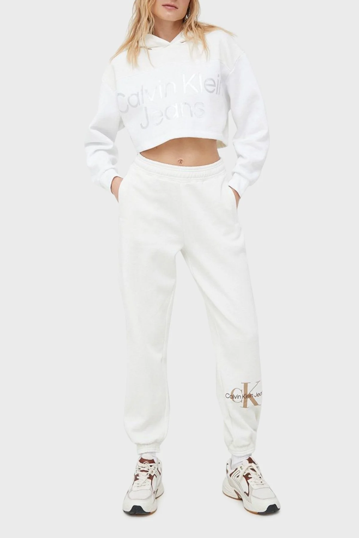 Calvin Klein Logolu Pamuk Karışımlı Relaxed Fit Jogger Bayan Pantolon J20J220265 YBI BEYAZ - 1