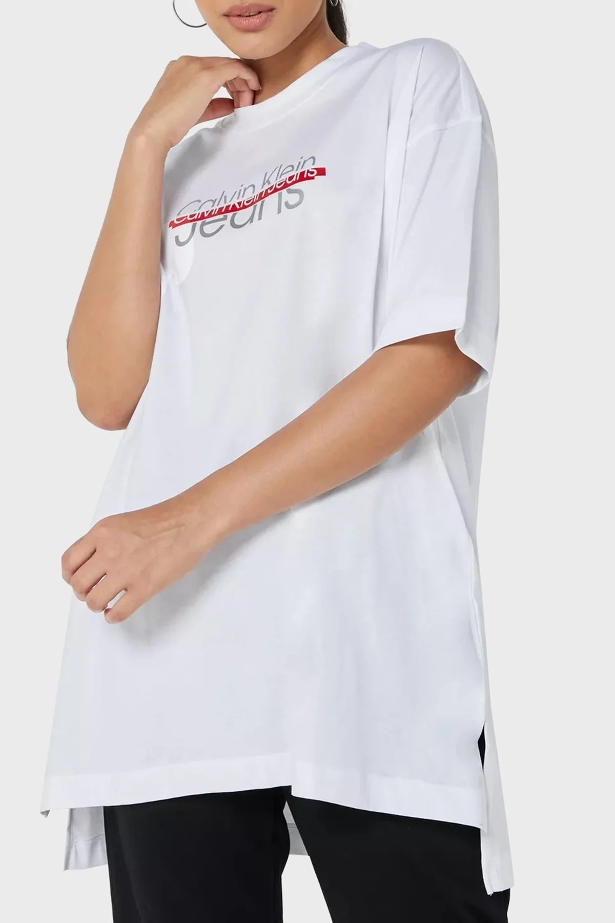 Calvin Klein Logolu Pamuklu Bisiklet Yaka Oversize Bayan T Shirt J20J220513 YAF BEYAZ - 1