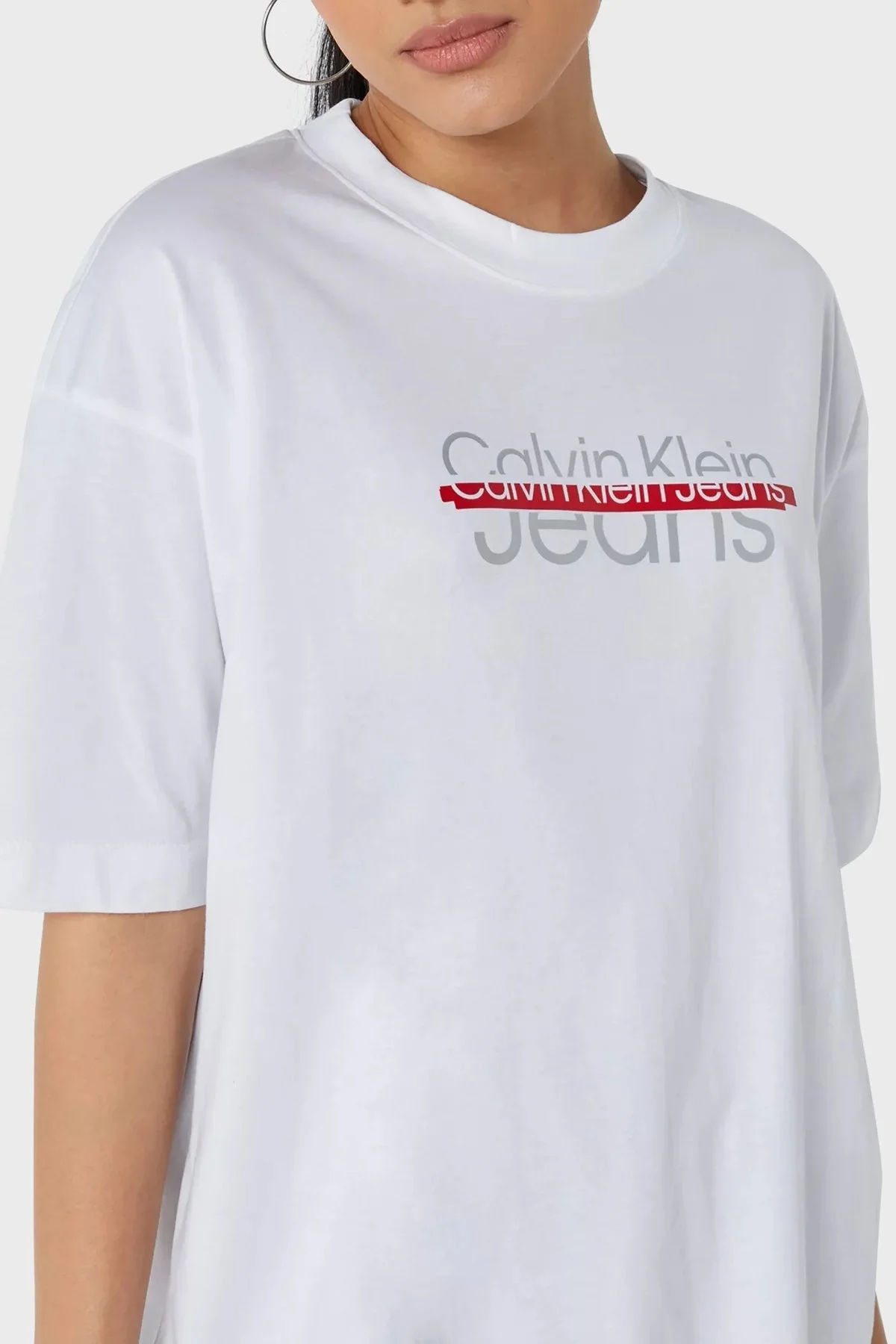 Calvin Klein Logolu Pamuklu Bisiklet Yaka Oversize Bayan T Shirt J20J220513 YAF BEYAZ - 3