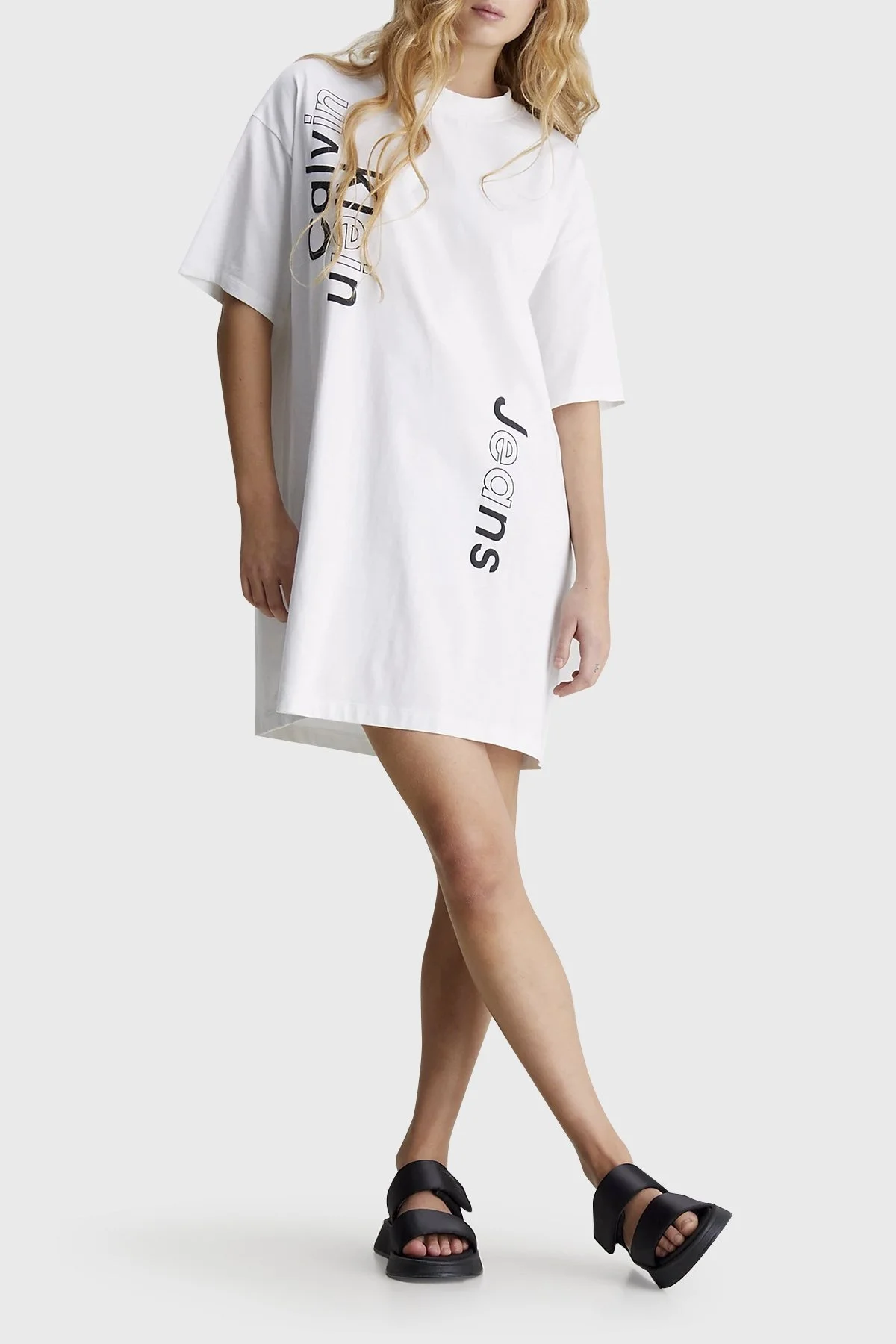 Calvin Klein Logolu Pamuklu Boyfriend Mini J20J223042YAF Bayan Elbise J20J223042 YAF BEYAZ - 1