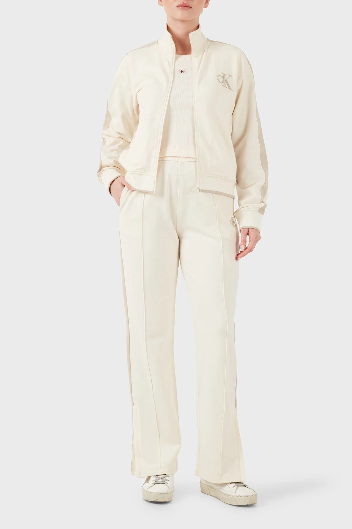 Calvin Klein Logolu Pamuklu Dik Yaka Fermuarlı Kadın Ceket LV047E226G YAC BEJ - 2