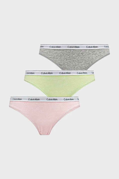 Calvin Klein Logolu Pamuklu Düşük Bel 3 Pack 000QD5207EWAB Kadın Külot 000QD5207E WAB Yeşil-Gri-Pembe - 1