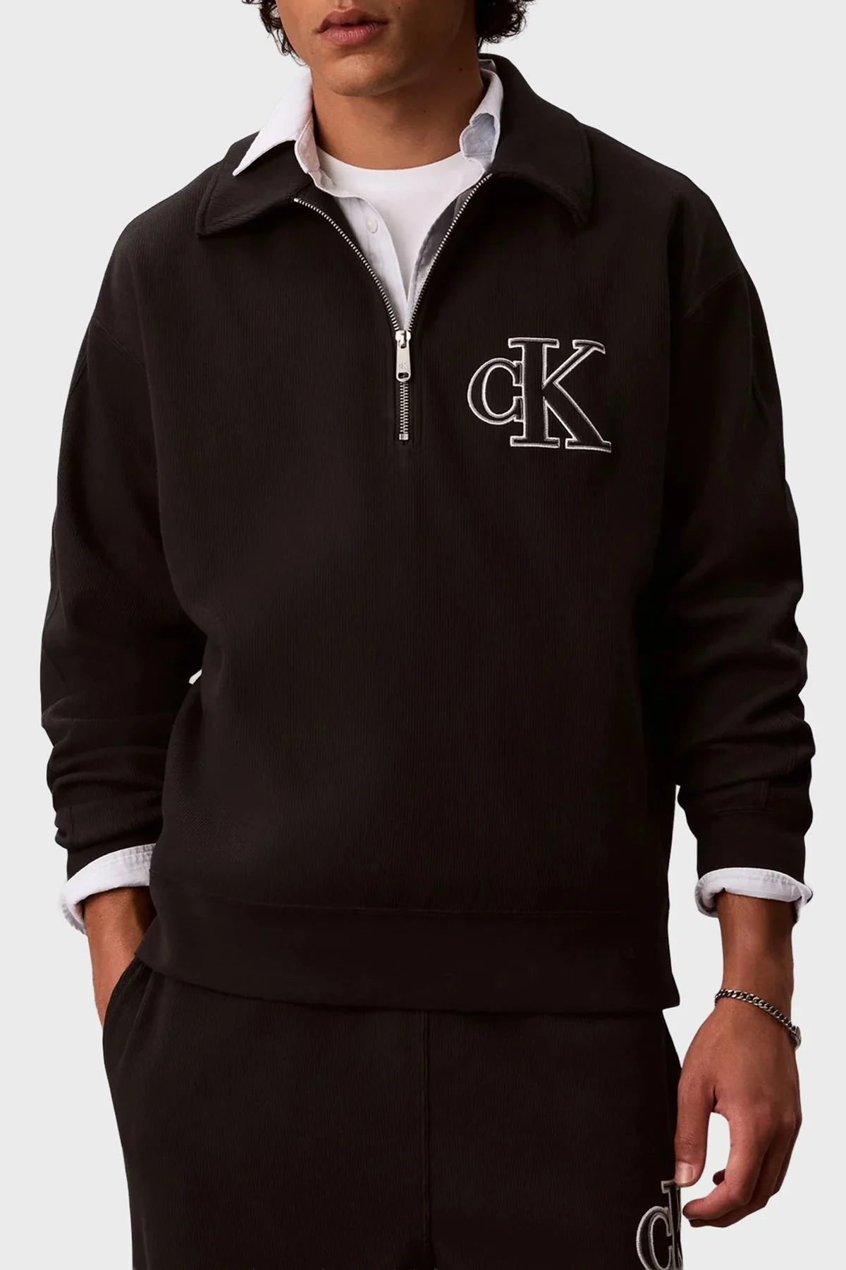 Calvin Klein Logolu Pamuklu Fermuarlı Polo Yaka LV04RH216GUB1 Erkek Sweat LV04RH216G UB1 Siyah - 3