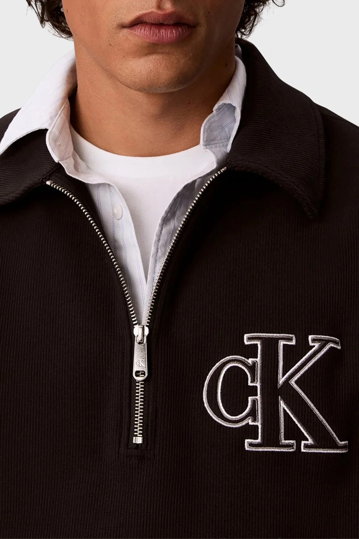 Calvin Klein Logolu Pamuklu Fermuarlı Polo Yaka LV04RH216GUB1 Erkek Sweat LV04RH216G UB1 Siyah - 4