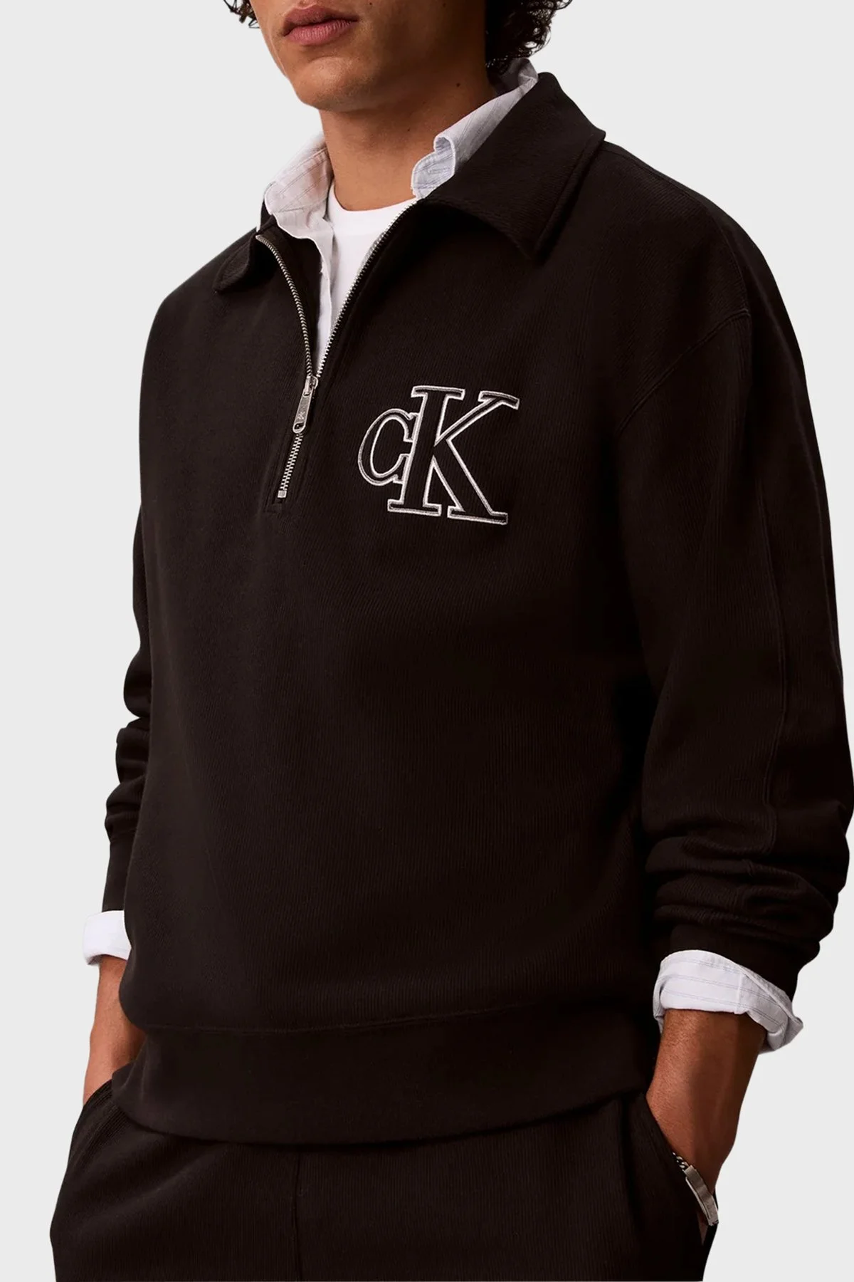 Calvin Klein Logolu Pamuklu Fermuarlı Polo Yaka LV04RH216GUB1 Erkek Sweat LV04RH216G UB1 Siyah - 5