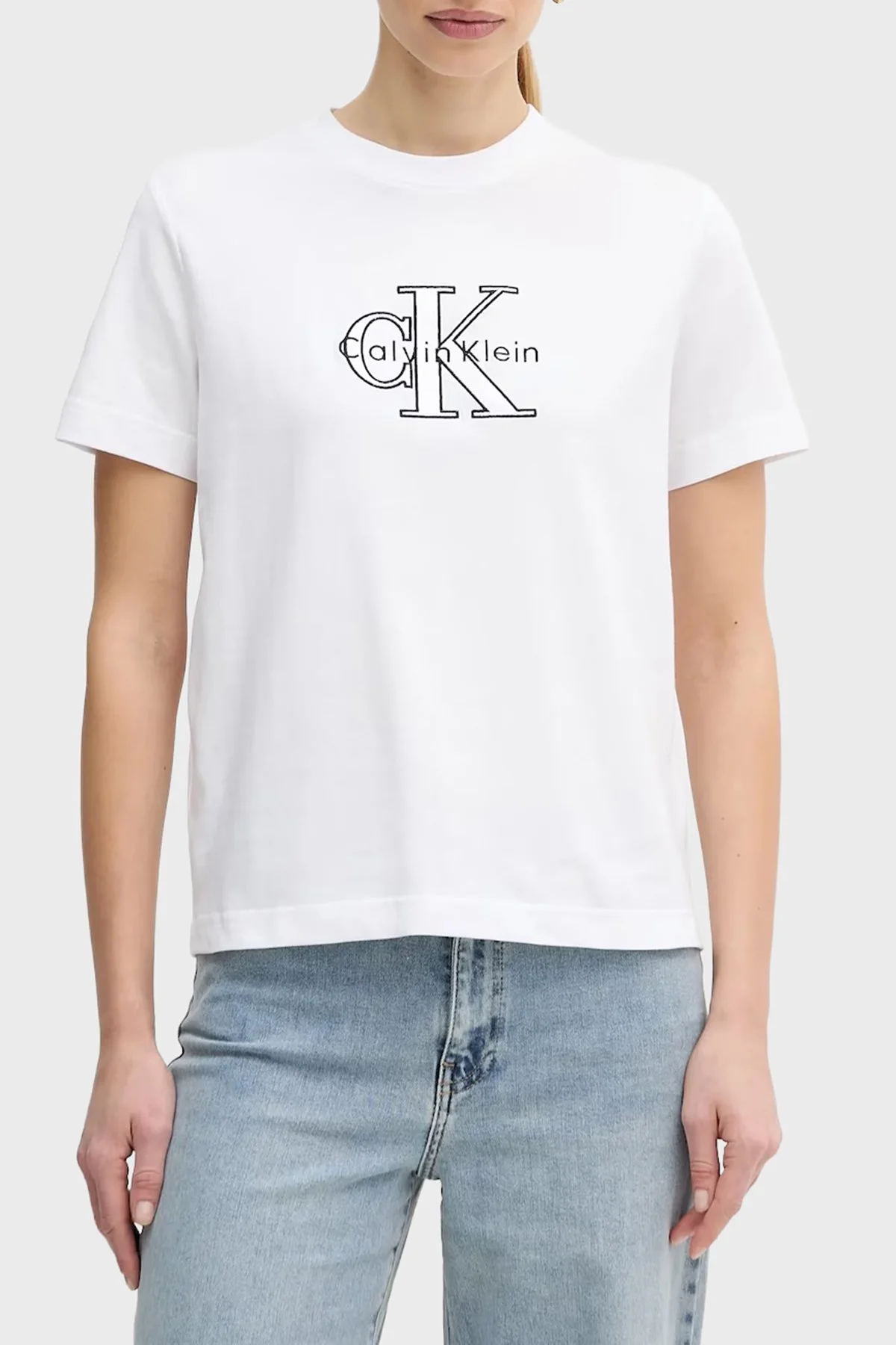 Calvin Klein Logolu Pamuklu Regular Fit Bisiklet Yaka LV047E819GYAA Bayan T Shirt LV047E819G YAA BEYAZ - 1