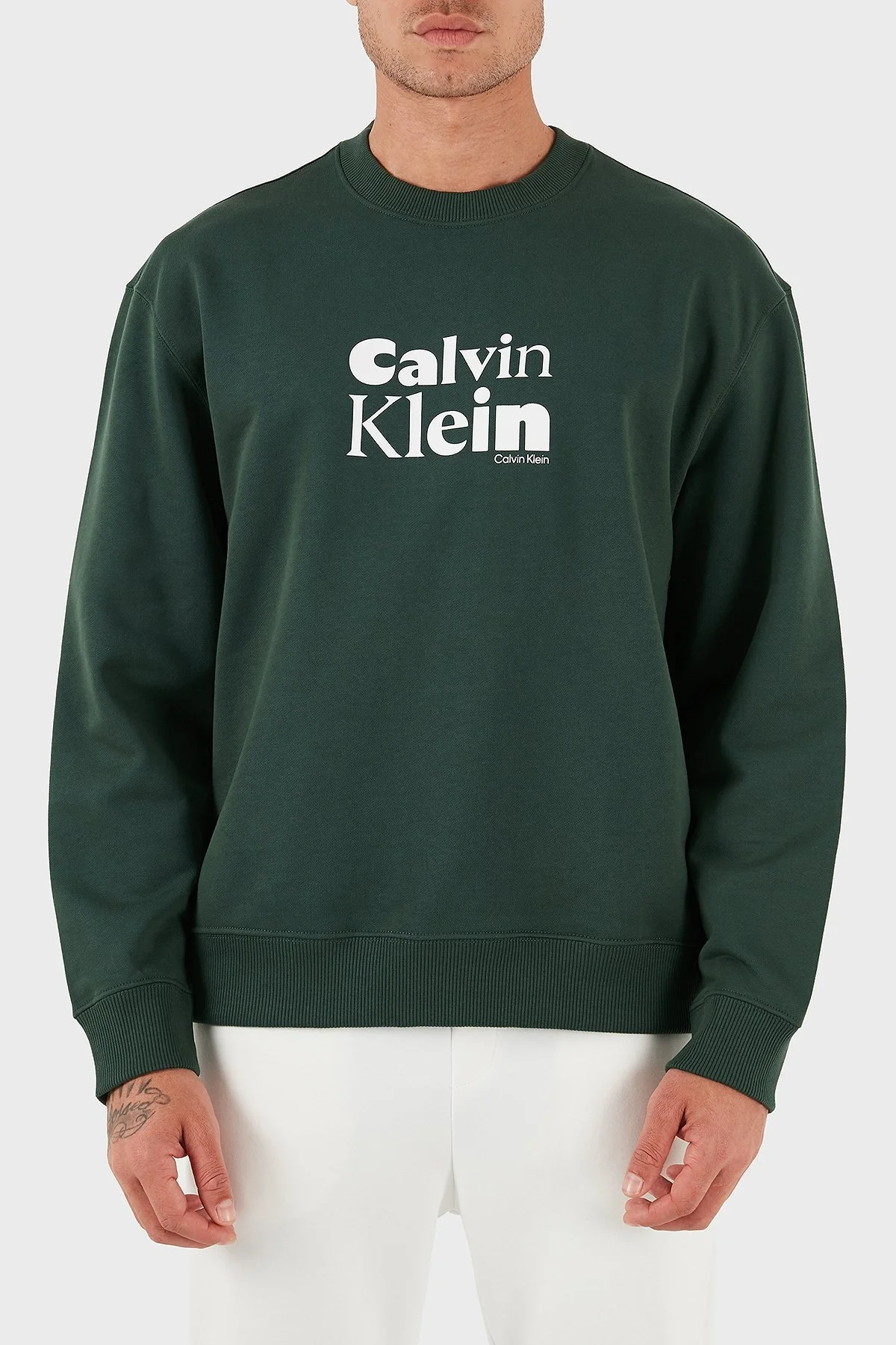 Calvin Klein Logolu Pamuklu Relaxed Fit Bisiklet Yaka LV04LD242GLLG Erkek Sweat LV04LD242G LLG HAKİ - 1