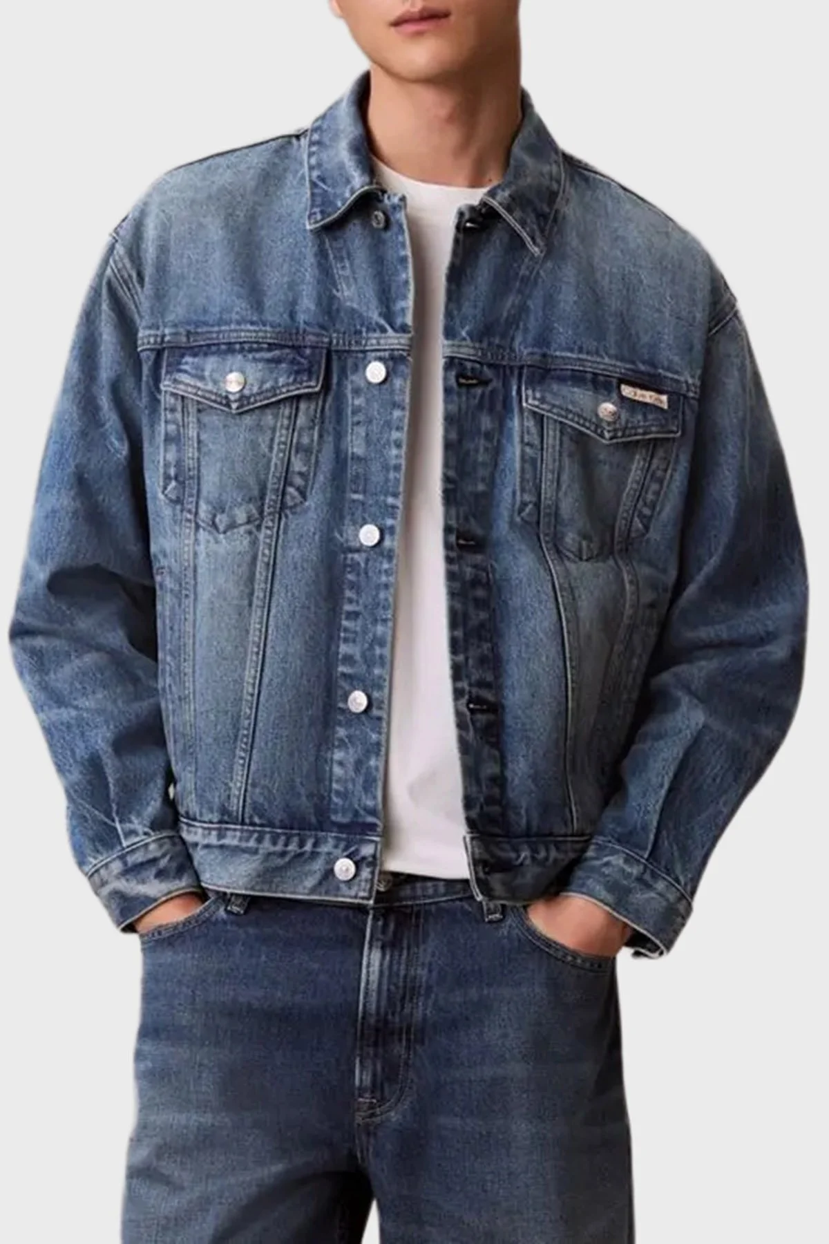 Calvin Klein Logolu Pamuklu Relaxed Fit Düğmeli LV04RD706GZY2 Erkek Kot Ceket LV04RD706G ZY2 MAVİ - 1