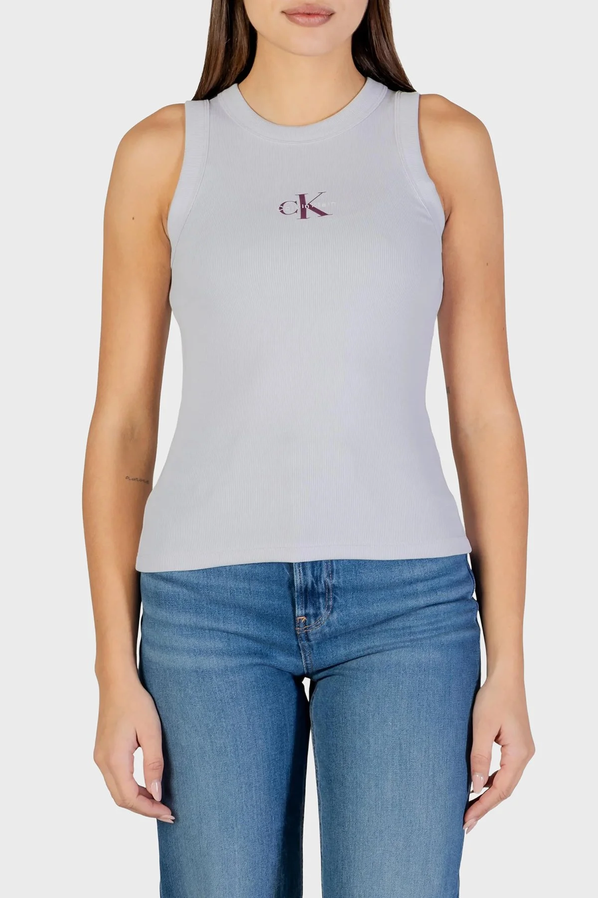 Calvin Klein Logolu Pamuklu Slim Fit Bisiklet Yaka LV047E200G2IK Bayan Top LV047E200G 2IK LİLA - 3