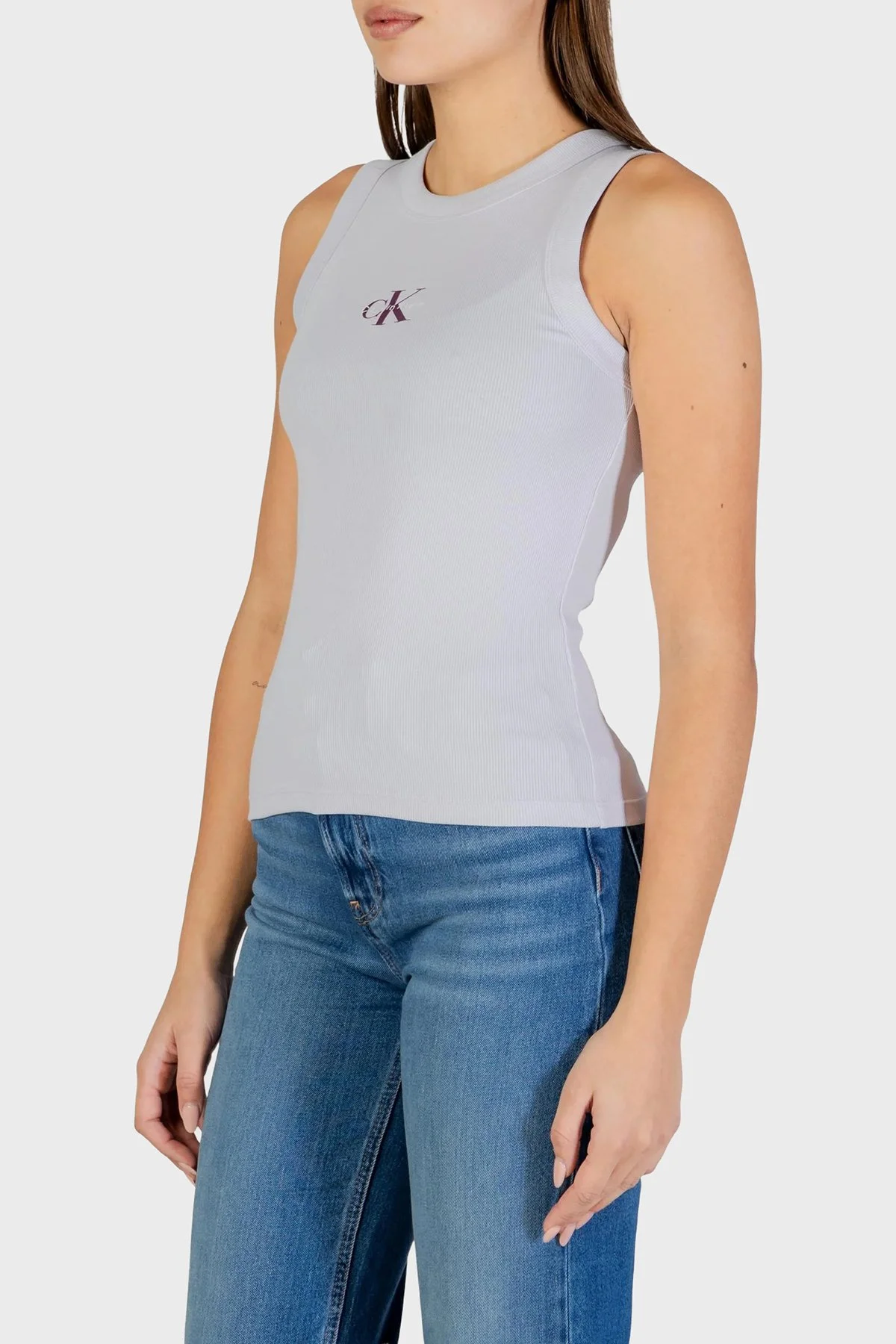 Calvin Klein Logolu Pamuklu Slim Fit Bisiklet Yaka LV047E200G2IK Bayan Top LV047E200G 2IK LİLA - 4