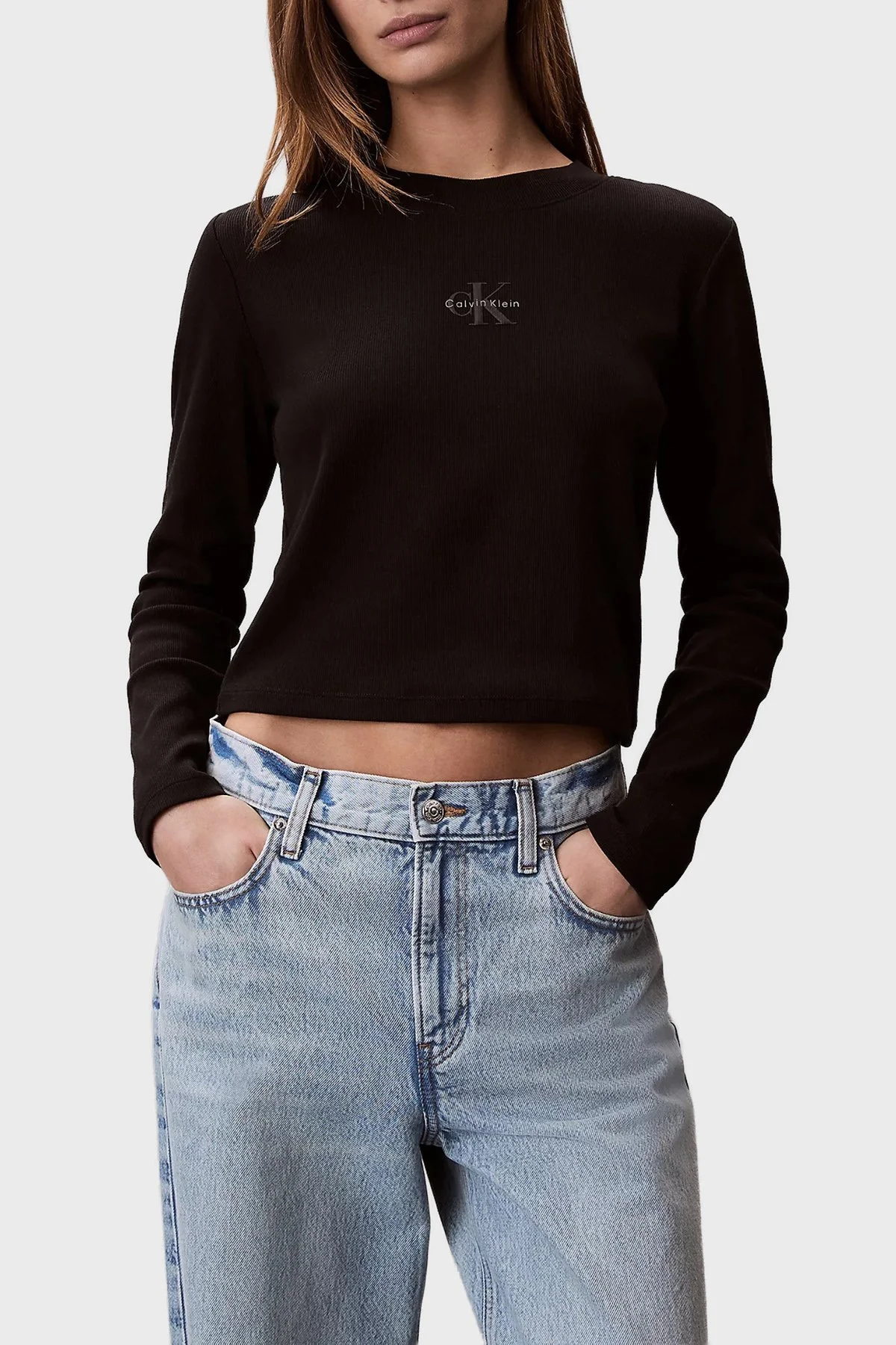 Calvin Klein Logolu Pamuklu Slim Fit Bisiklet Yaka Uzun Kollu LV047A803GUB1 Bayan T Shirt LV047A803G UB1 SİYAH - 1