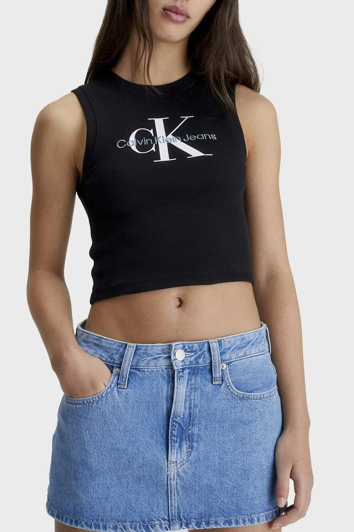Calvin Klein Logolu Pamuklu Streç Jarse Atlet J20J221521BEH Bayan Crop J20J221521 BEH SİYAH - 1