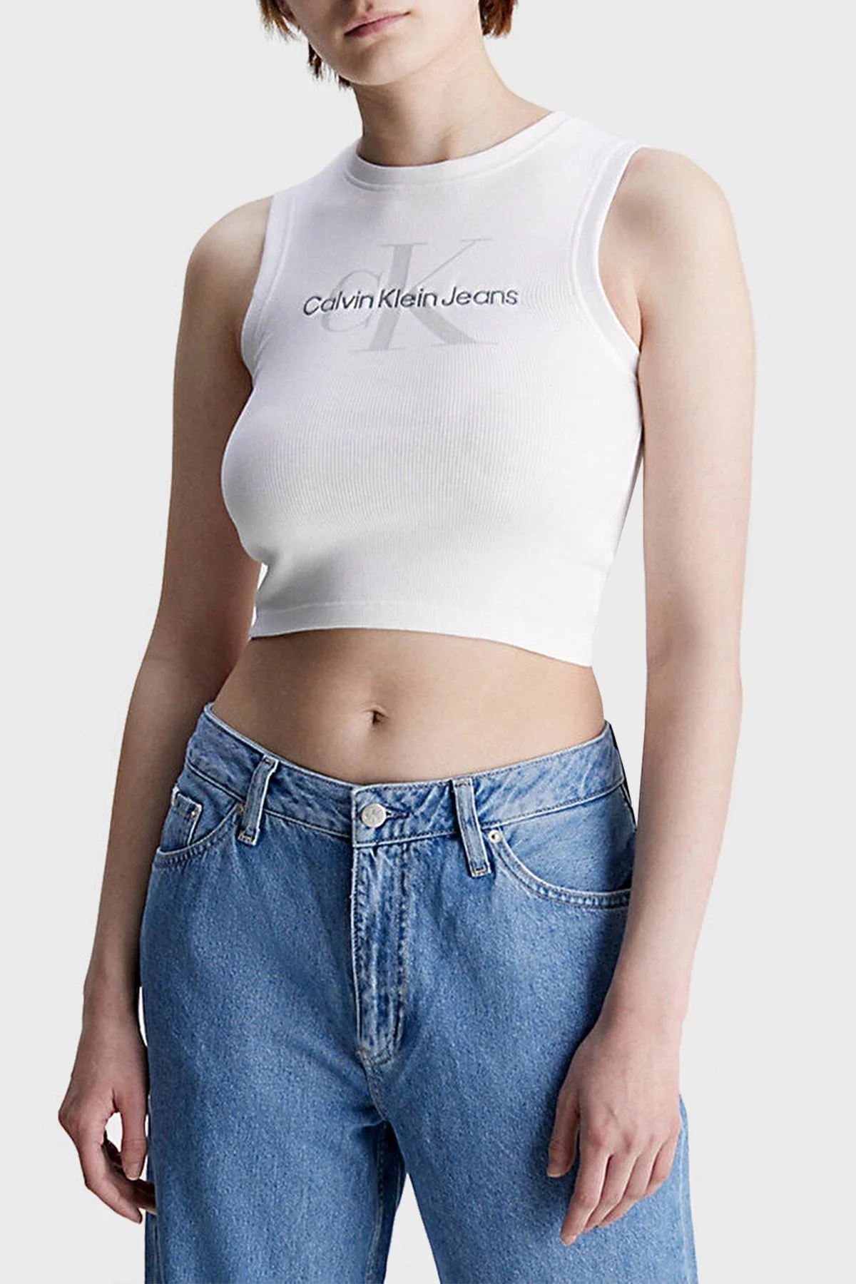 Calvin Klein Logolu Pamuklu Streç Jarse Crop Atlet J20J221521YAF Bayan T Shirt J20J221521 YAF BEYAZ - 1