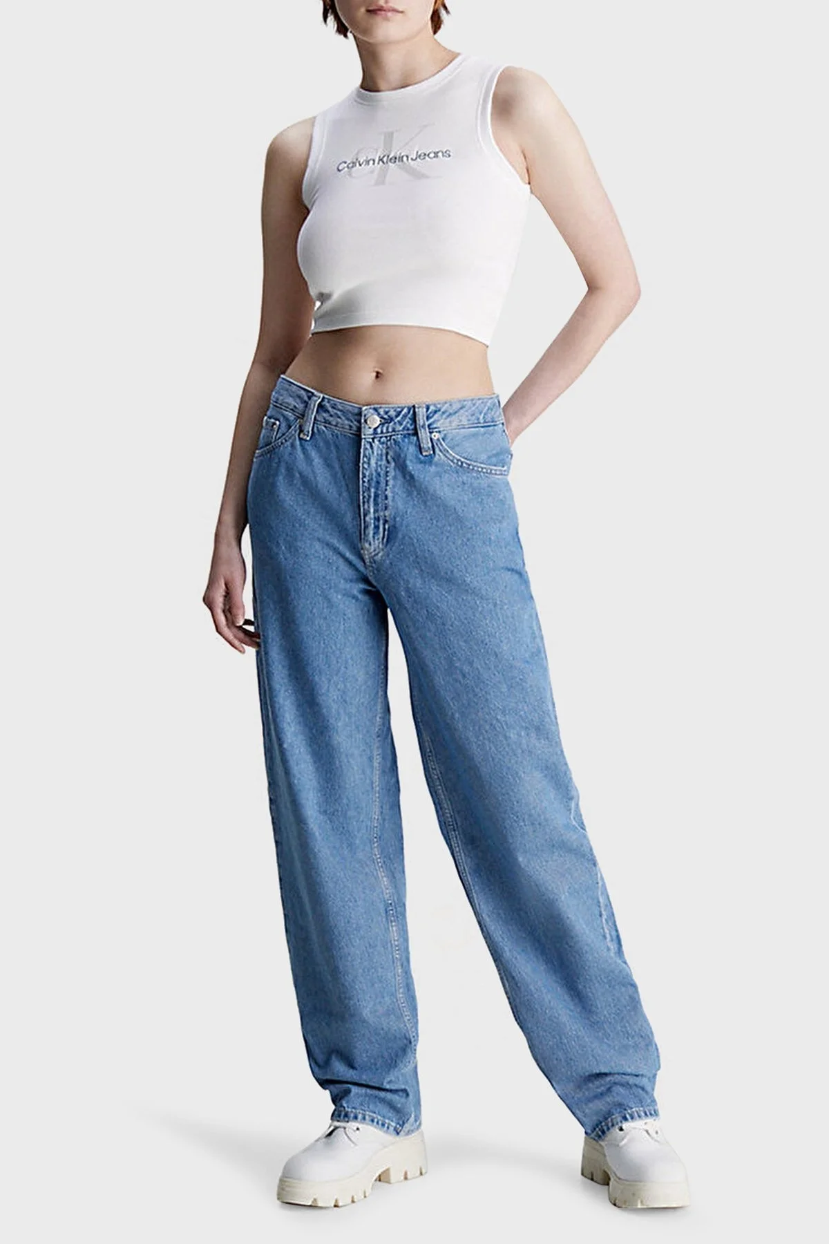 Calvin Klein Logolu Pamuklu Streç Jarse Crop Atlet J20J221521YAF Bayan T Shirt J20J221521 YAF BEYAZ - 2