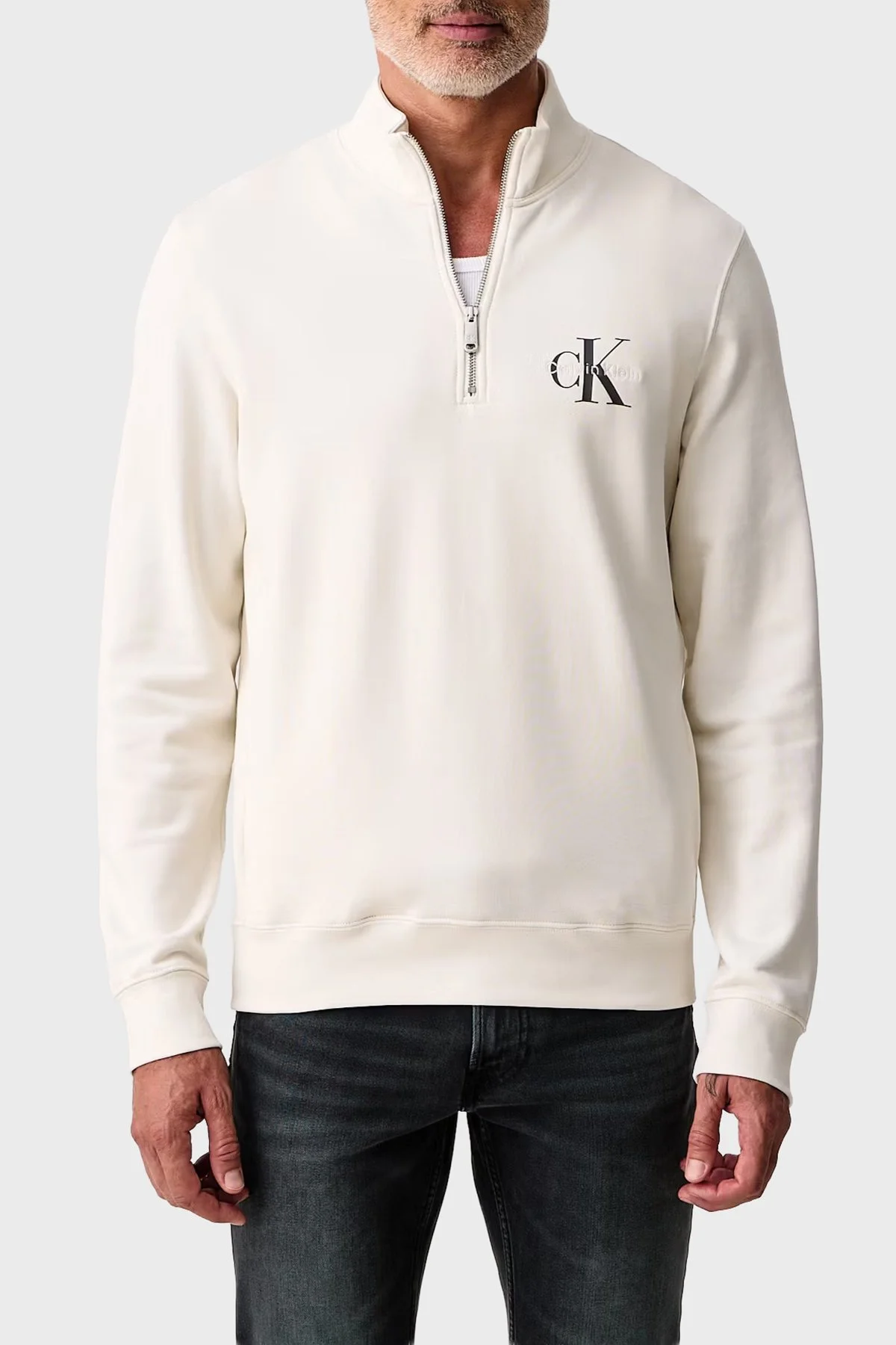 Calvin Klein Logolu Pamuklu Yarım Fermuarlı Dik Yaka LV04RG280GYAS Erkek Sweat LV04RG280G YAS Krem - 1