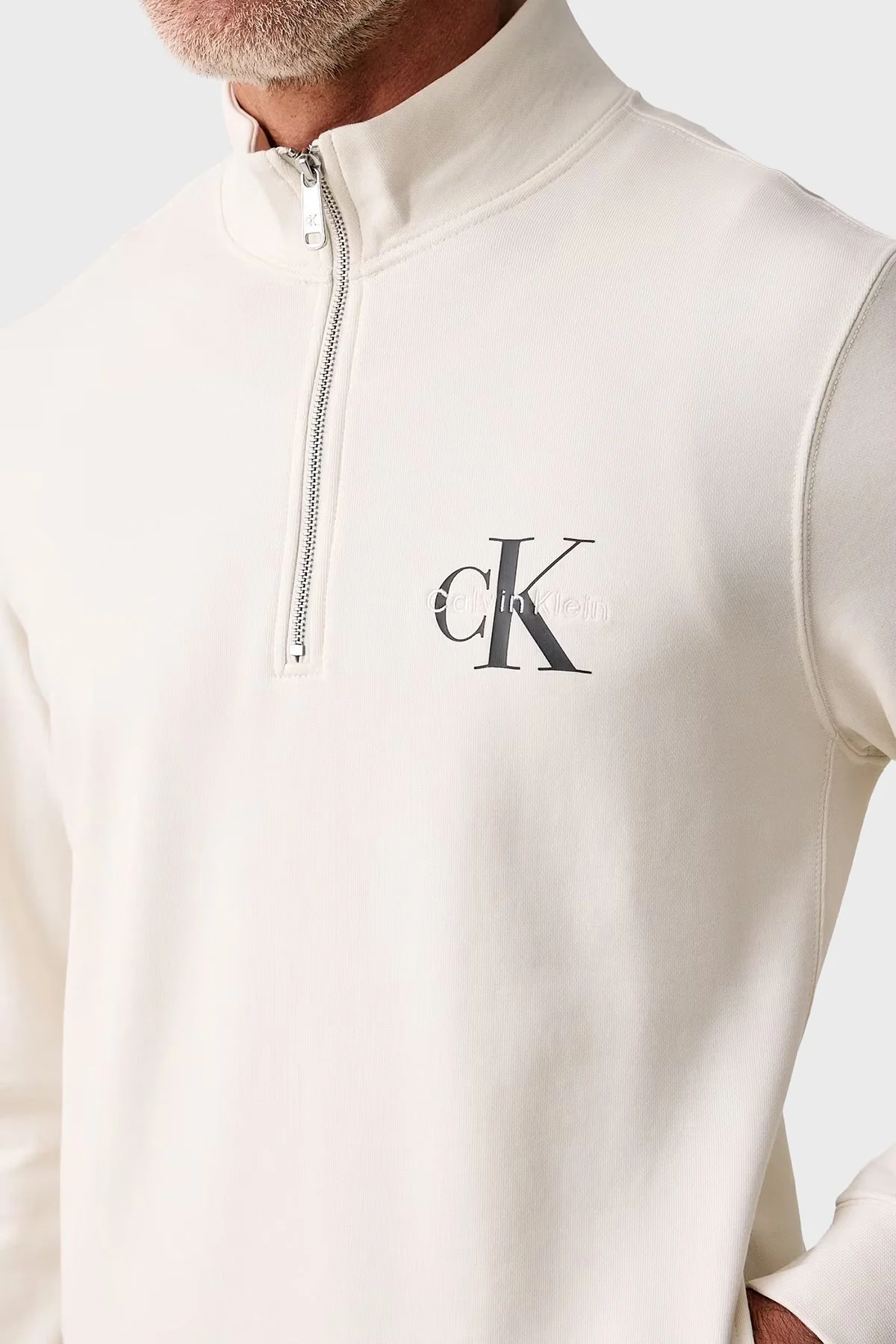 Calvin Klein Logolu Pamuklu Yarım Fermuarlı Dik Yaka LV04RG280GYAS Erkek Sweat LV04RG280G YAS Krem - 4